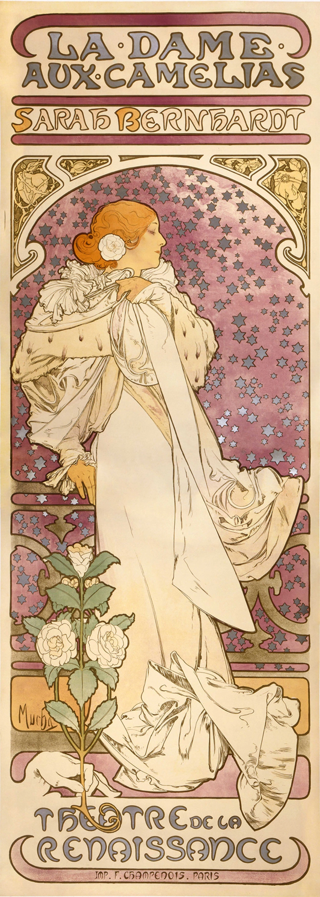 Alfons Mucha - La Dame aux Camelias, 1896, Schattenfugenrahmen weiß Alfons Mucha - La Dame aux Camelias, 1896, Schattenfugenrahmen weiß