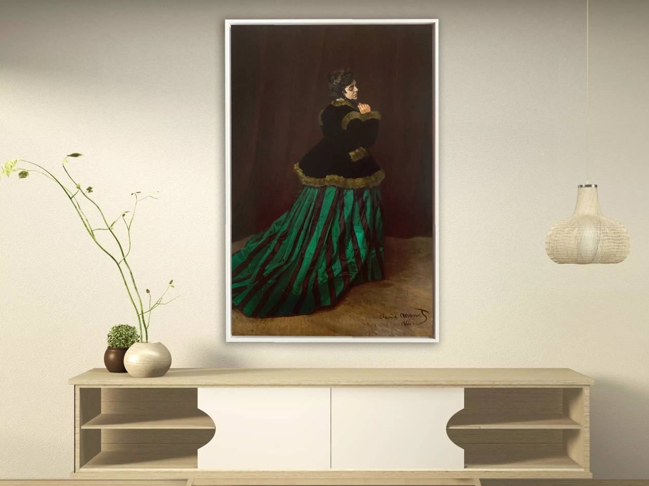 Claude Monet - Camille im grünen Kleid, 1866, Schattenfugenrahmen weiß