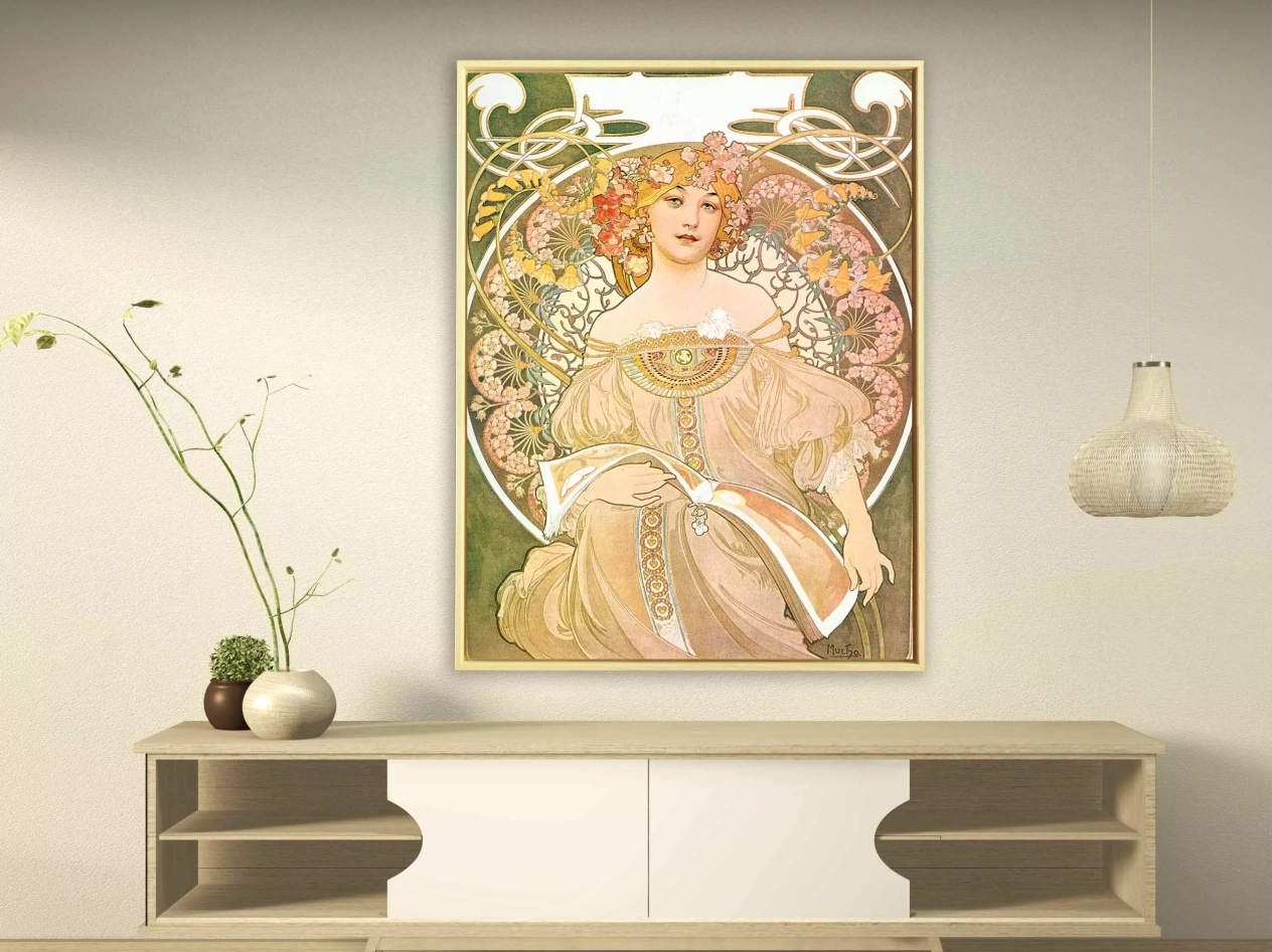 Alfons Mucha - Reverie or Daydream, 1898, Schattenfugenrahmen Natur Alfons Mucha - Reverie or Daydream, 1898, Schattenfugenrahmen Natur