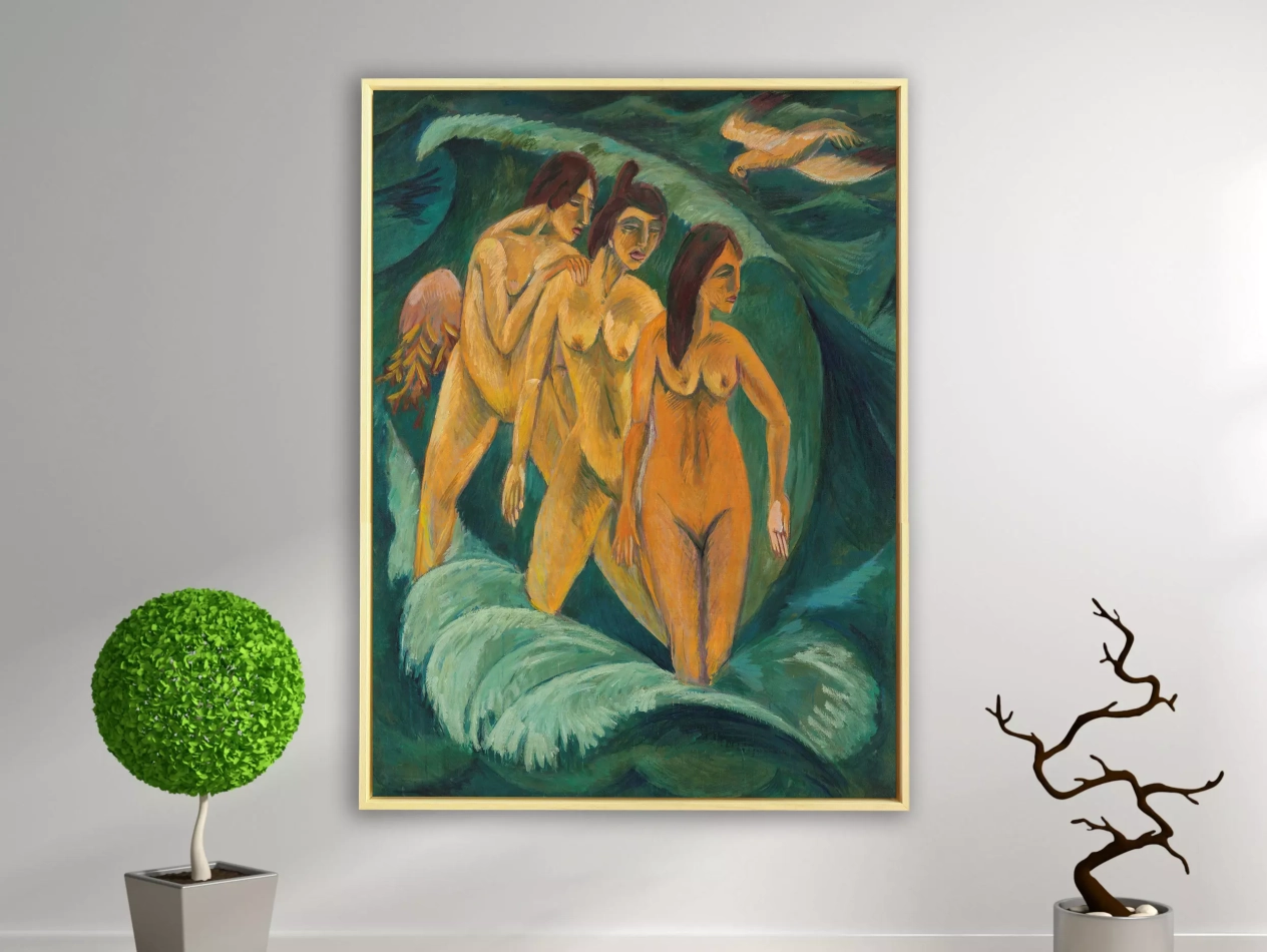 Ernst Ludwig Kirchner - Drei Badende, 1913, Schattenfugenrahmen Natur Ernst Ludwig Kirchner - Drei Badende, 1913, Schattenfugenrahmen Natur