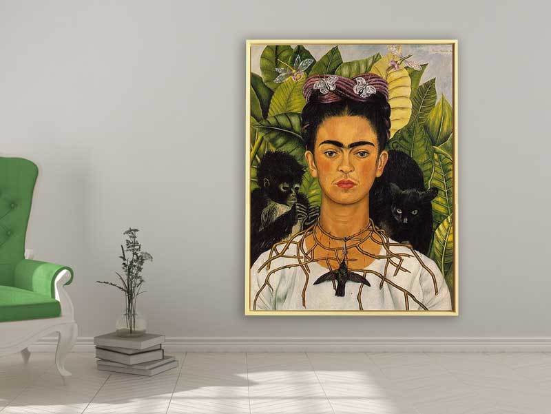 Frida Kahlo -  Self-portrait with Thorn Necklace and Hummingbird, 1940, Rahmen Schattenfuge Natur 