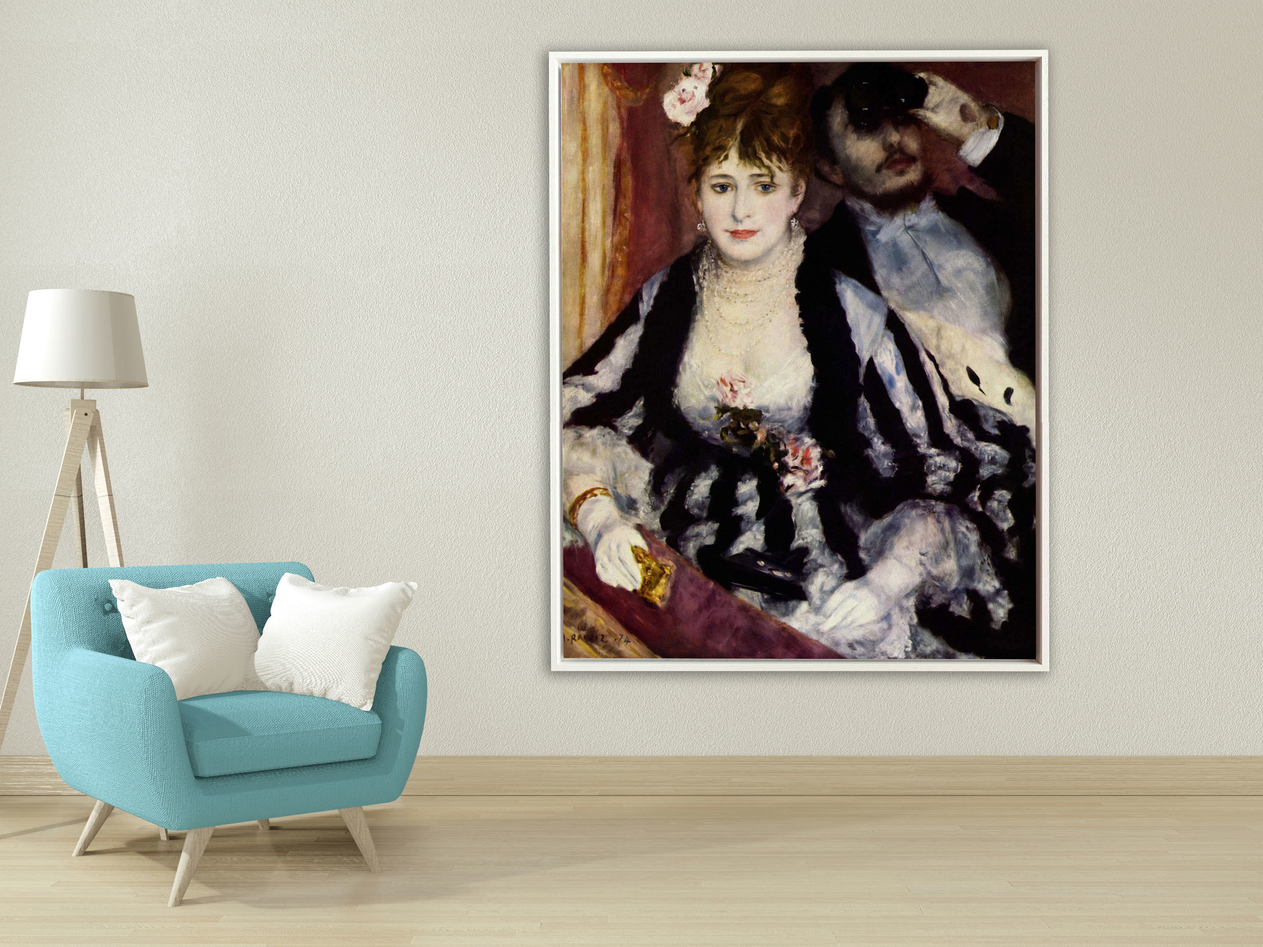 Auguste Renoir - Die Loge, 1874, Schattenfugenrahmen weiß Auguste Renoir - Die Loge, 1874, Schattenfugenrahmen weiß