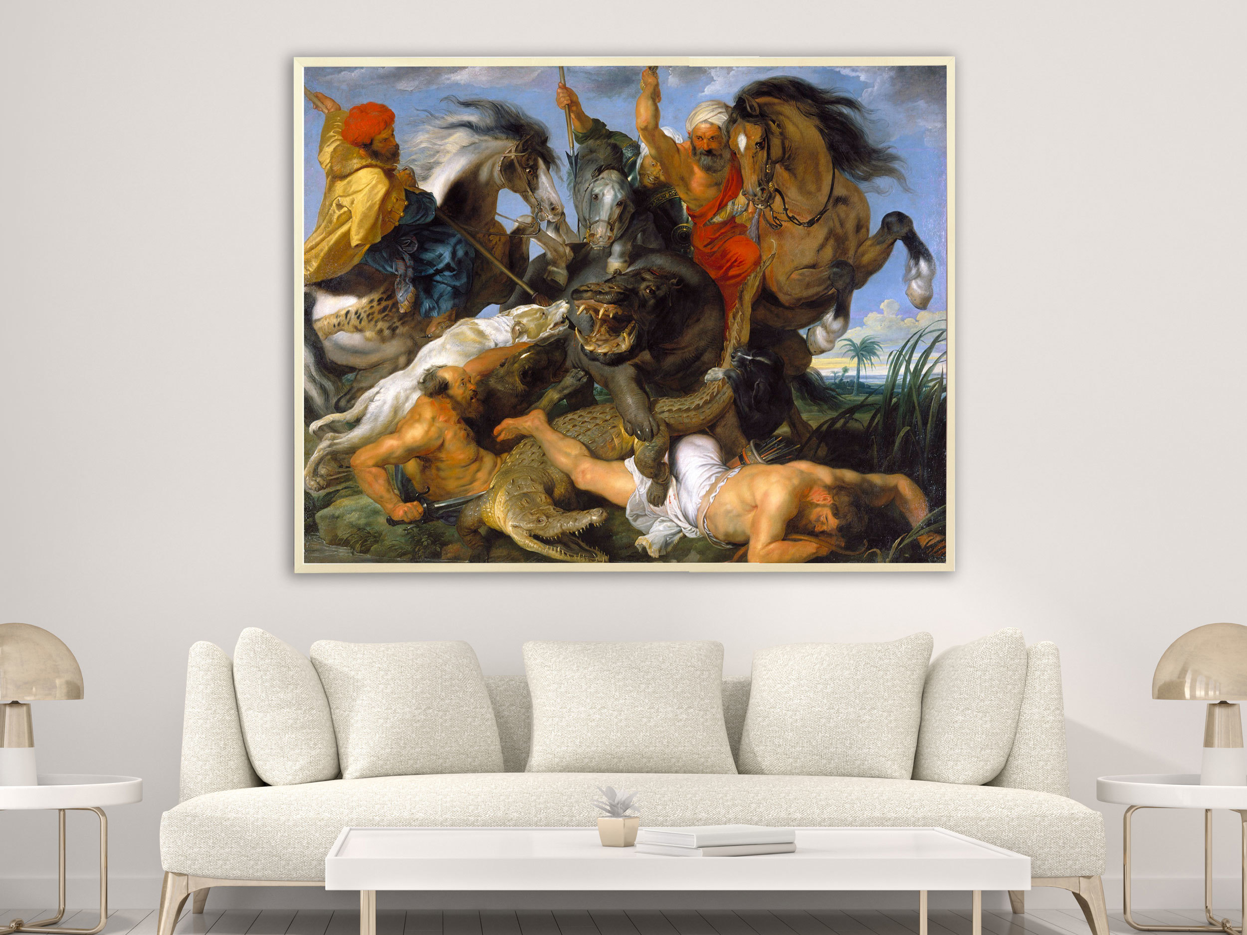 Peter Paul Rubens – Nilpferd und Krokodiljagd, Bilderrahmen Ahorn Kopie