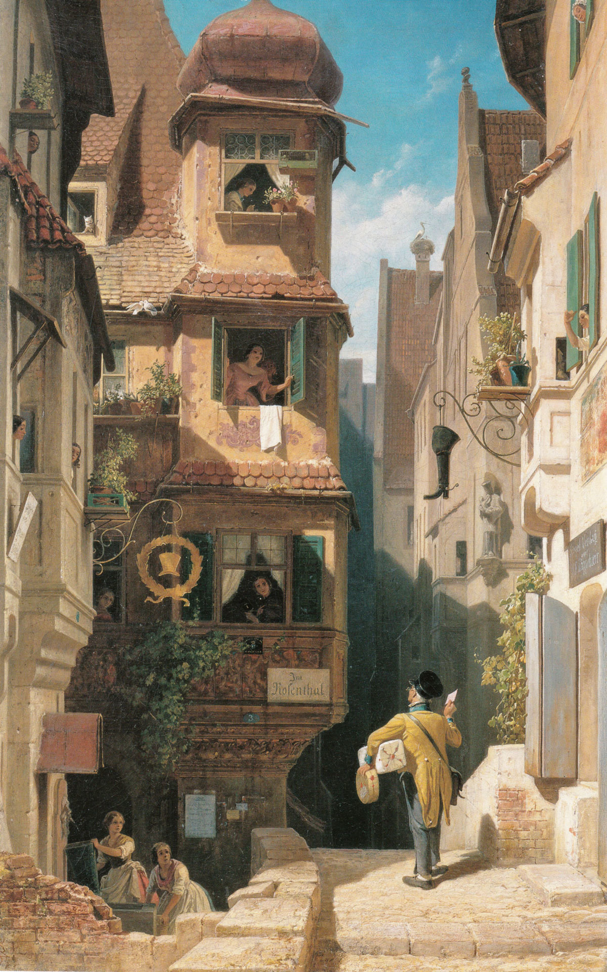 Carl Spitzweg - Der Briefbote im Rosenthal, 1858, Bilderrahmen weiß