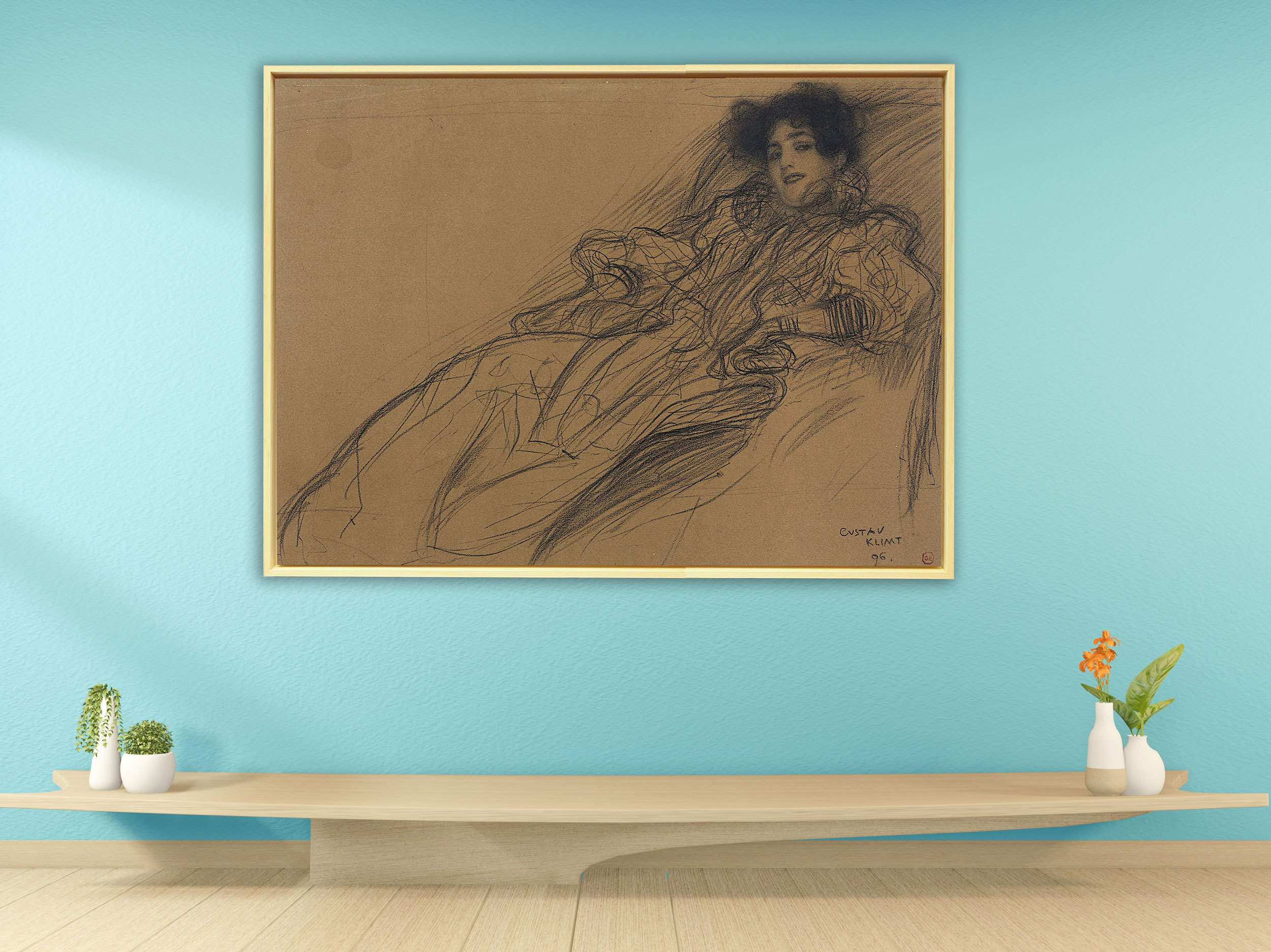 Gustav Klimt - Junge Frau im Fauteuil (1896), Schattenfugenrahmen Natur Gustav Klimt - Junge Frau im Fauteuil (1896), Schattenfugenrahmen Natur