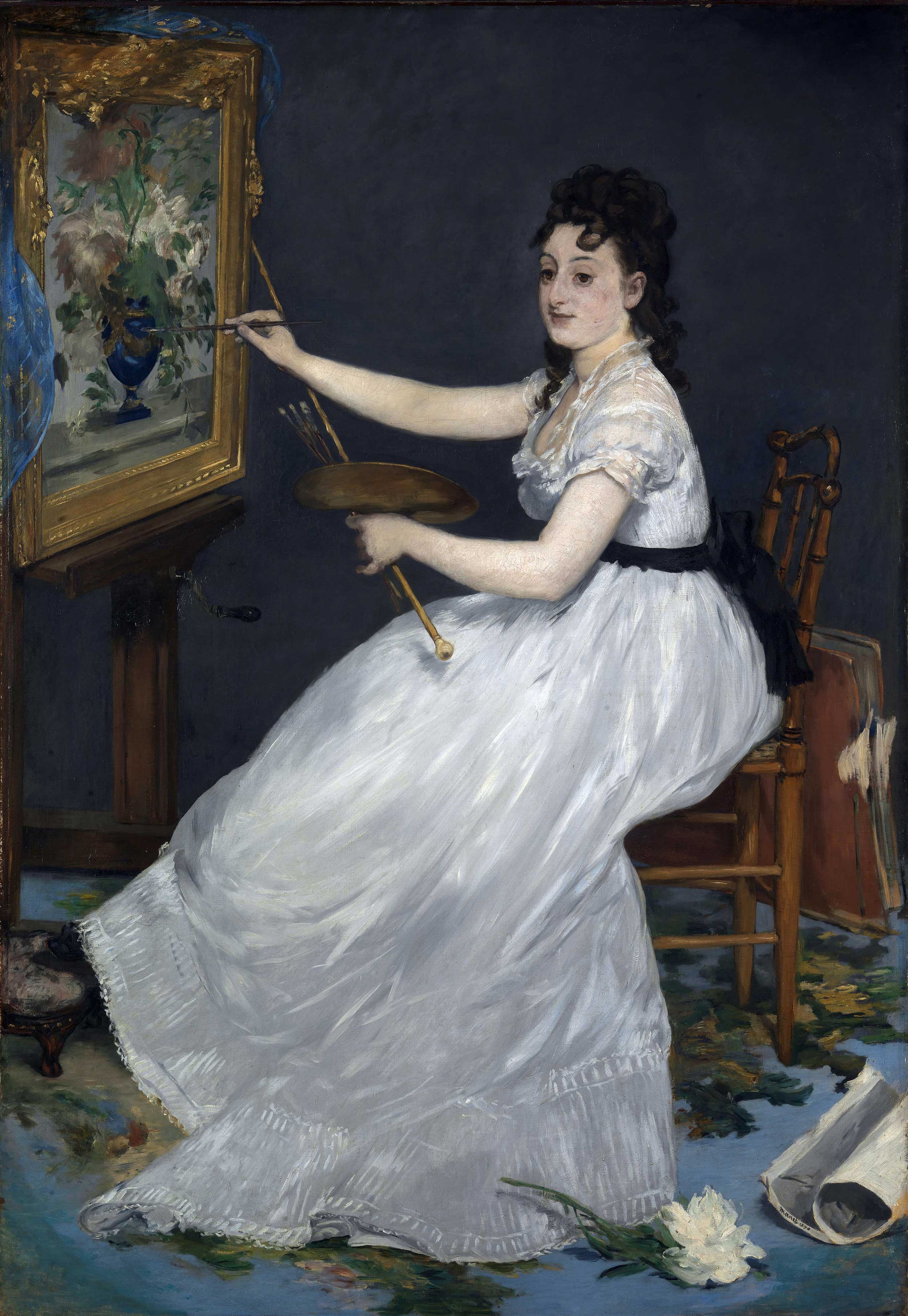 Edouard Manet - Porträt der Eva Gonzalés im Atelier Manets, 1870, Bilderrahmen weiß