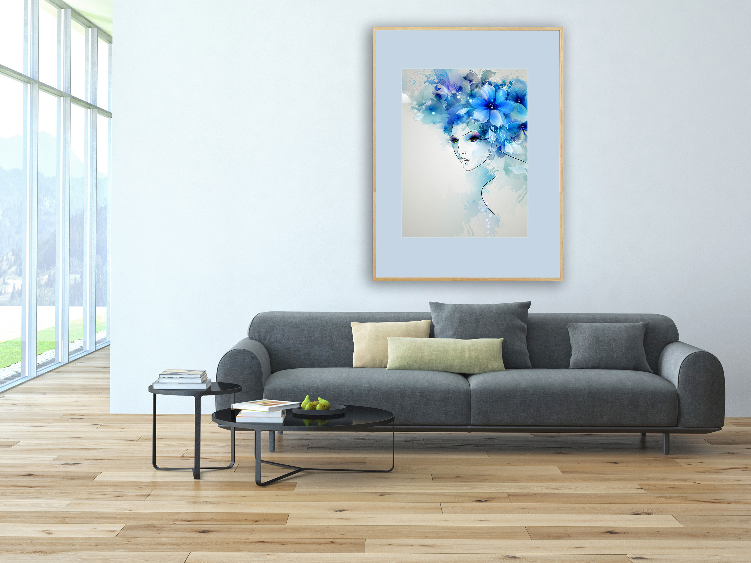 Frau mit blauen Blumenhaaren Frau mit blauen Blumenhaaren