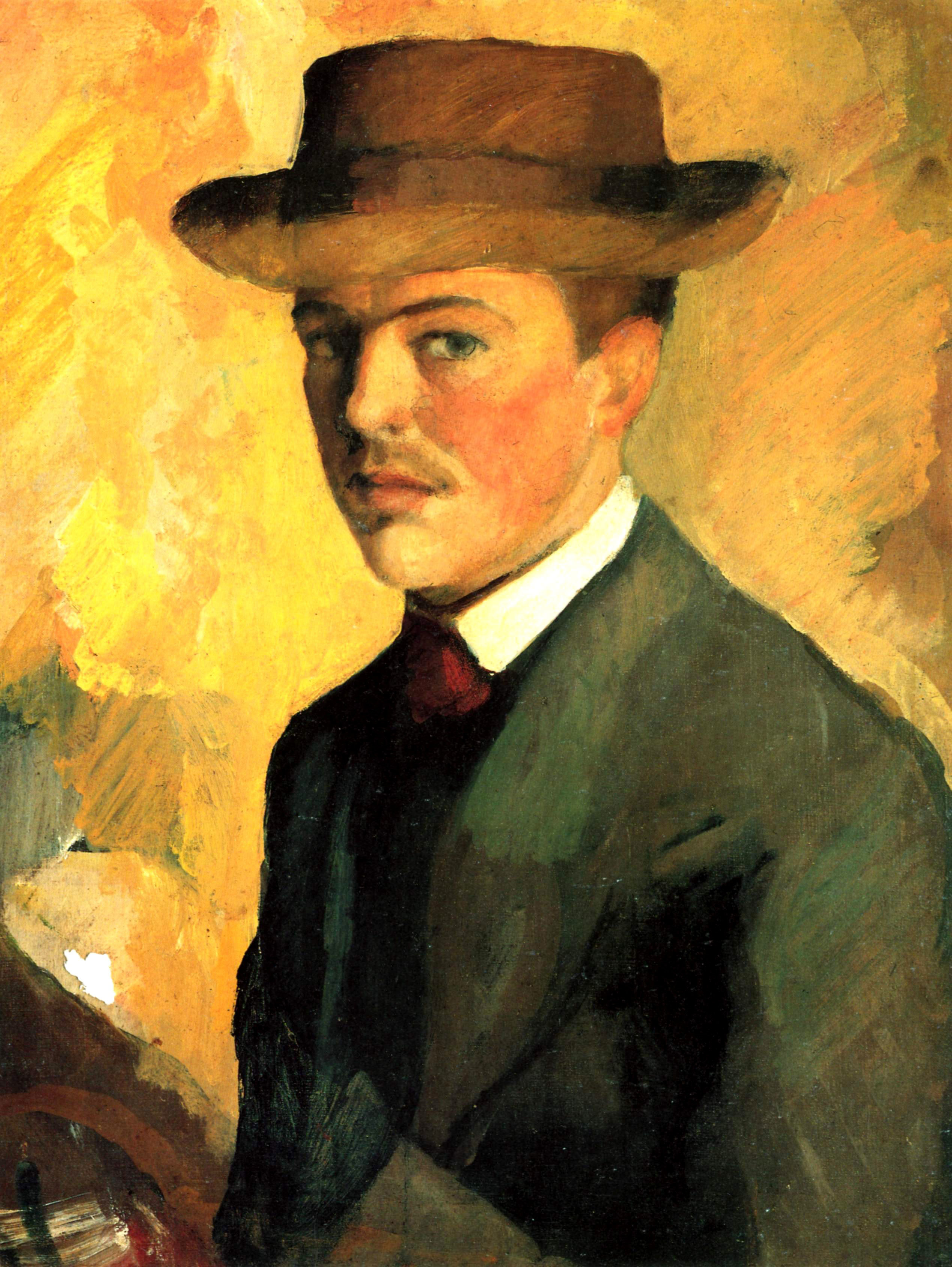 August Macke - Selbstportrait mit Hut, 1909, Bilderrahmen weiß