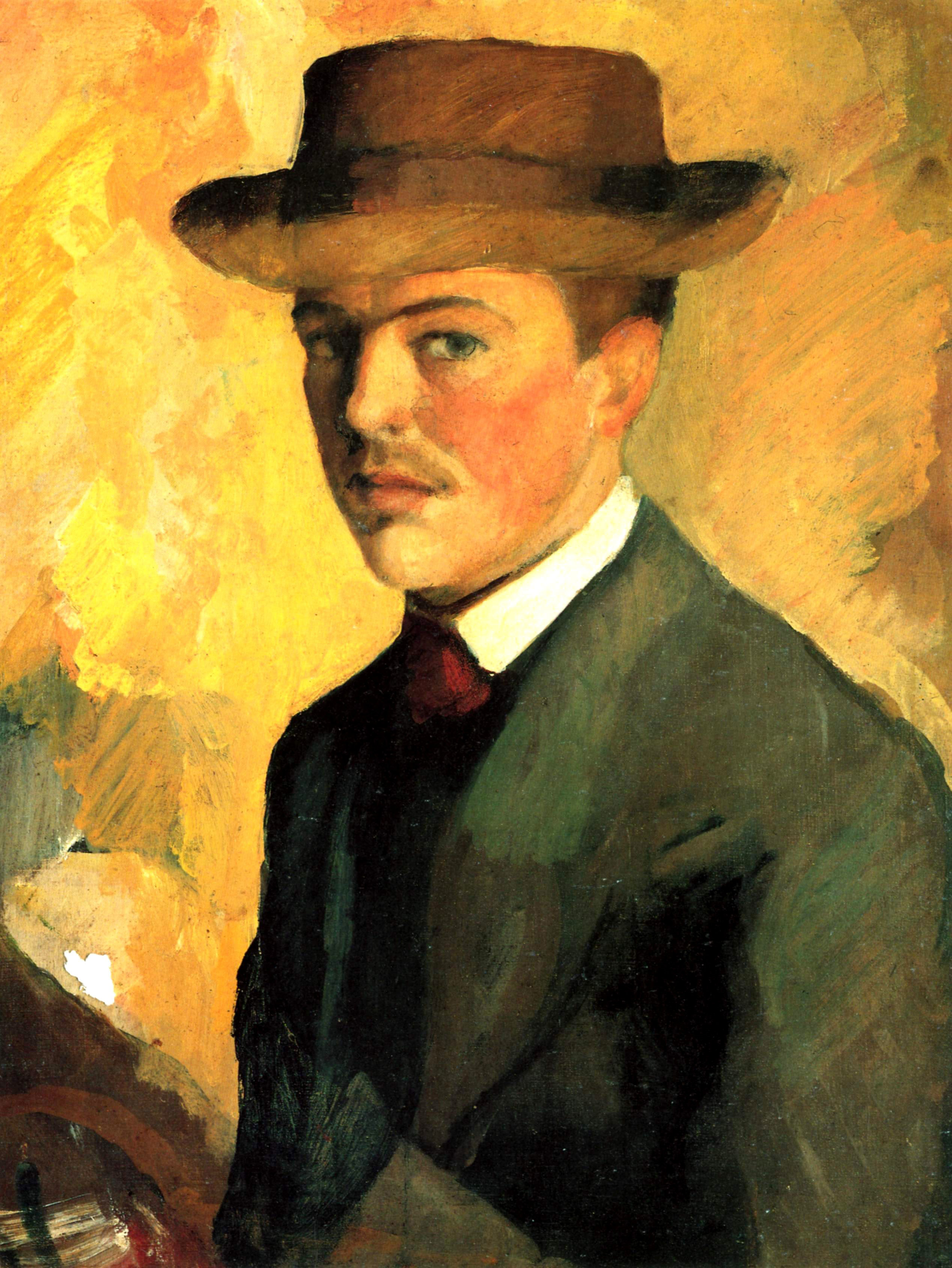 August Macke - Selbstportrait mit Hut, 1909, Rahmen Schattenfuge Natur