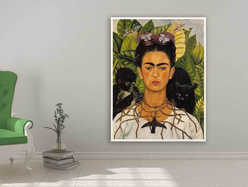 Frida Kahlo -  Self-portrait with Thorn Necklace and Hummingbird, 1940, Bilderrahmen weiß