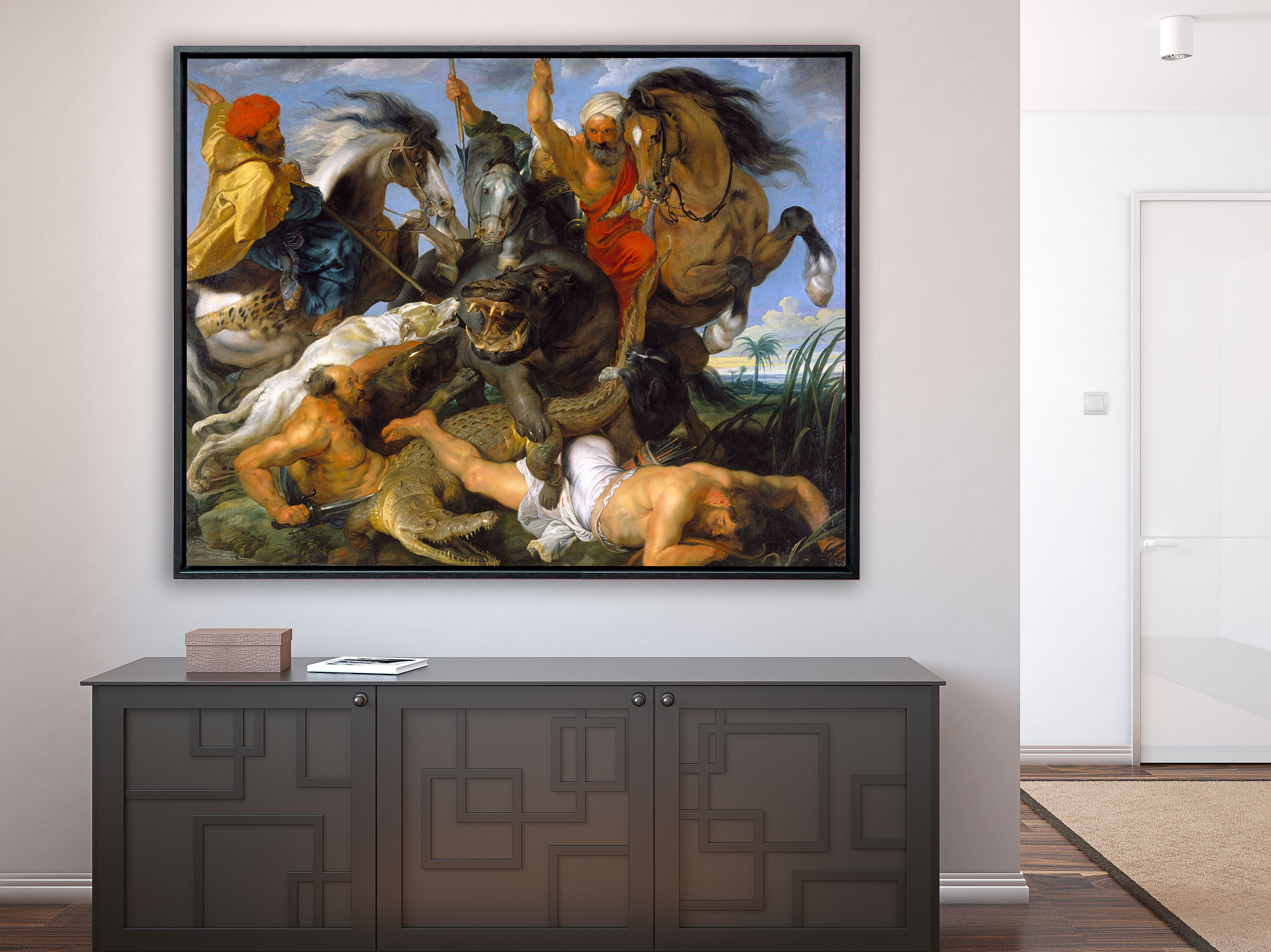 Peter Paul Rubens – Nilpferd und Krokodiljagd, Schattenfugenrahmen schwarz