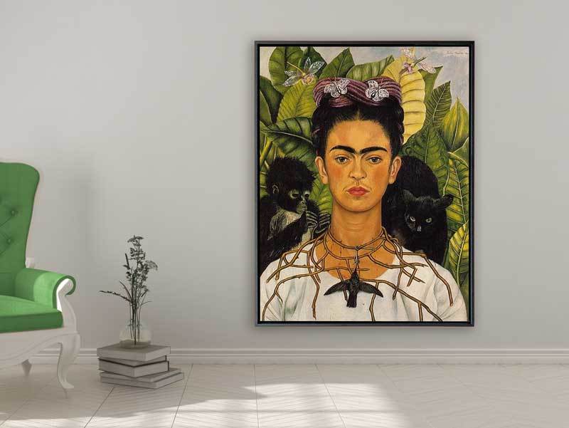 Frida Kahlo -  Self-portrait with Thorn Necklace and Hummingbird, 1940, Rahmen Schattenfuge schwarz