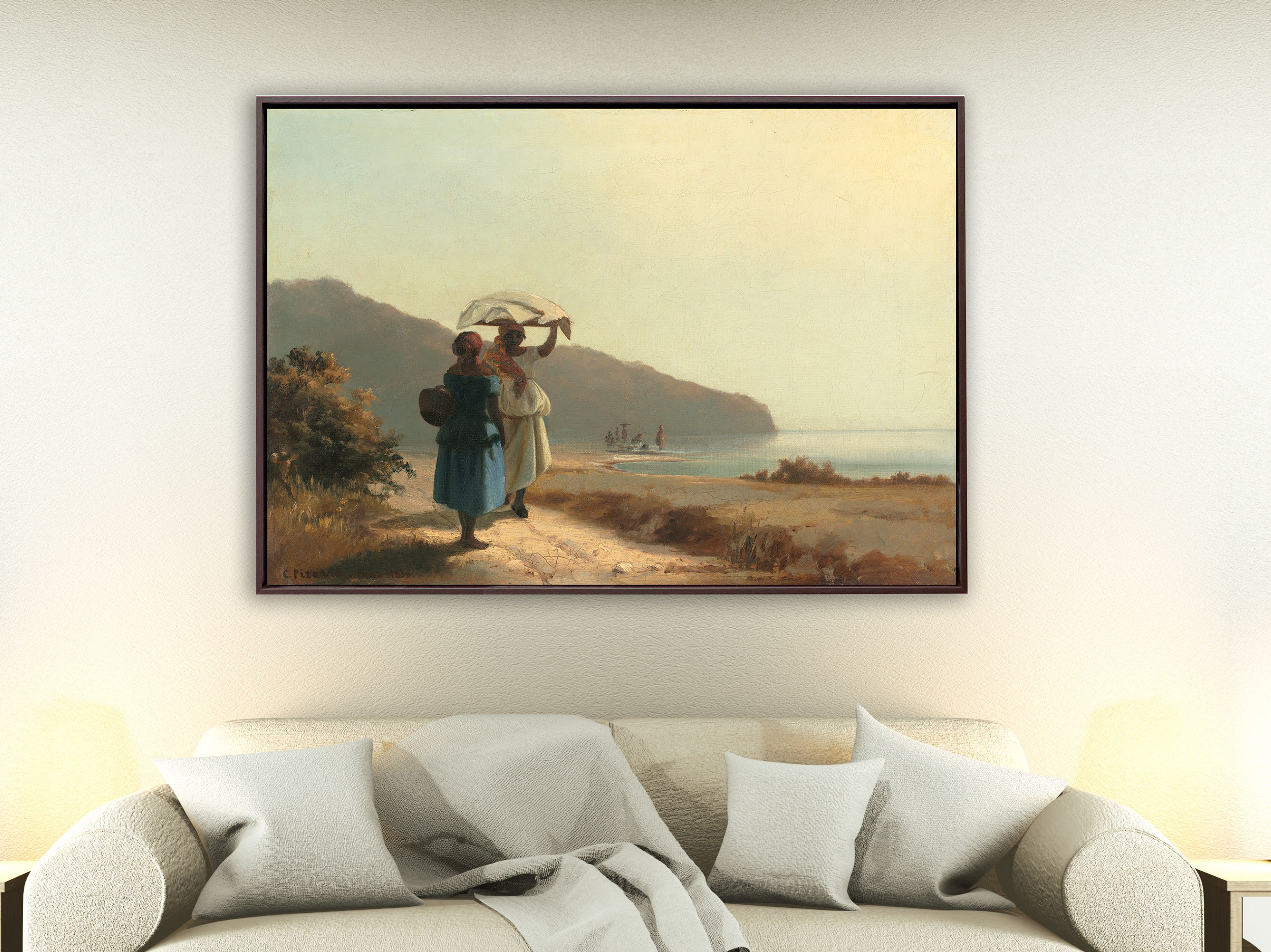 Camille Pissarro - Zwei Frauen am Meer ins Gespräch vertieft, St. Thomas, 1856, Schattenfugenrahmen braun