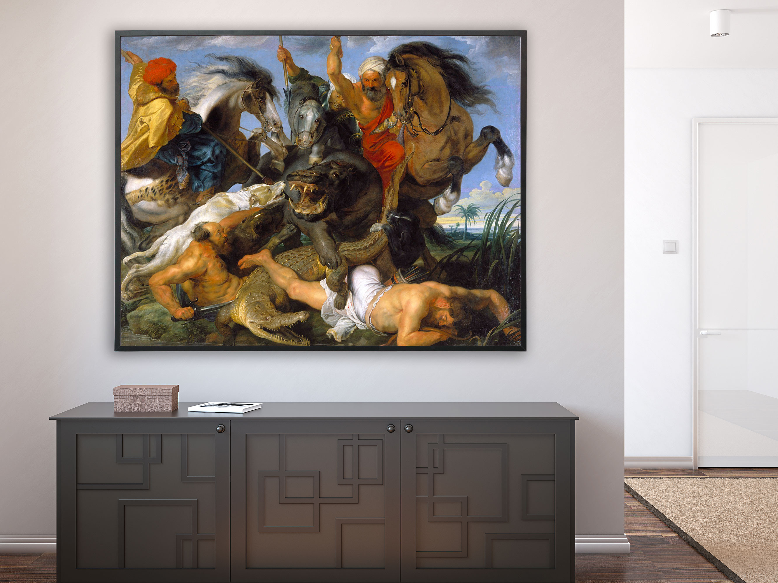 Peter Paul Rubens – Nilpferd und Krokodiljagd, Bilderrahmen schwarz