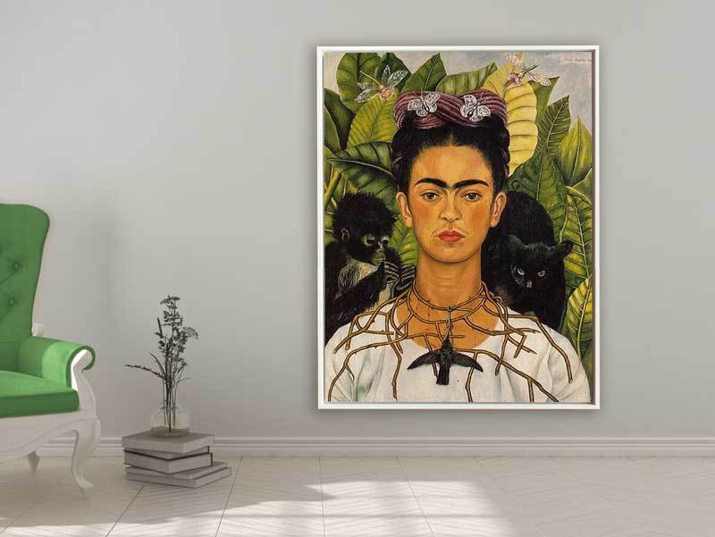 Frida Kahlo -  Self-portrait with Thorn Necklace and Hummingbird, 1940, Rahmen Schattenfuge weiß
