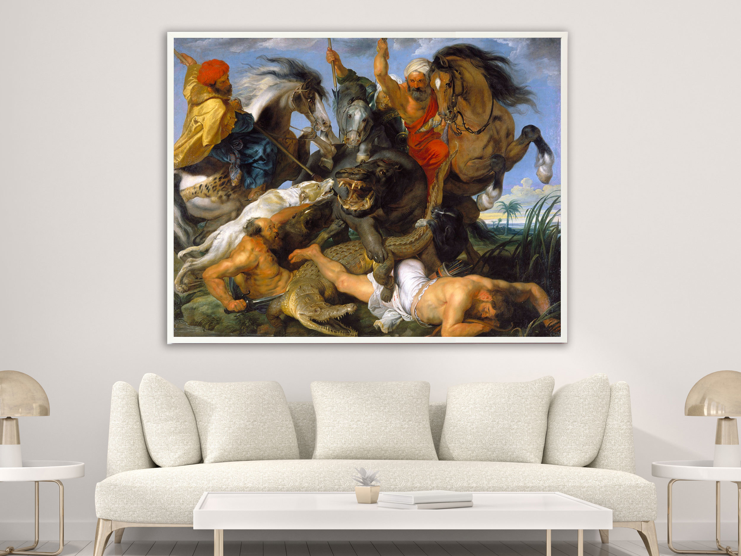 Peter Paul Rubens – Nilpferd und Krokodiljagd, Bilderrahmen weiß