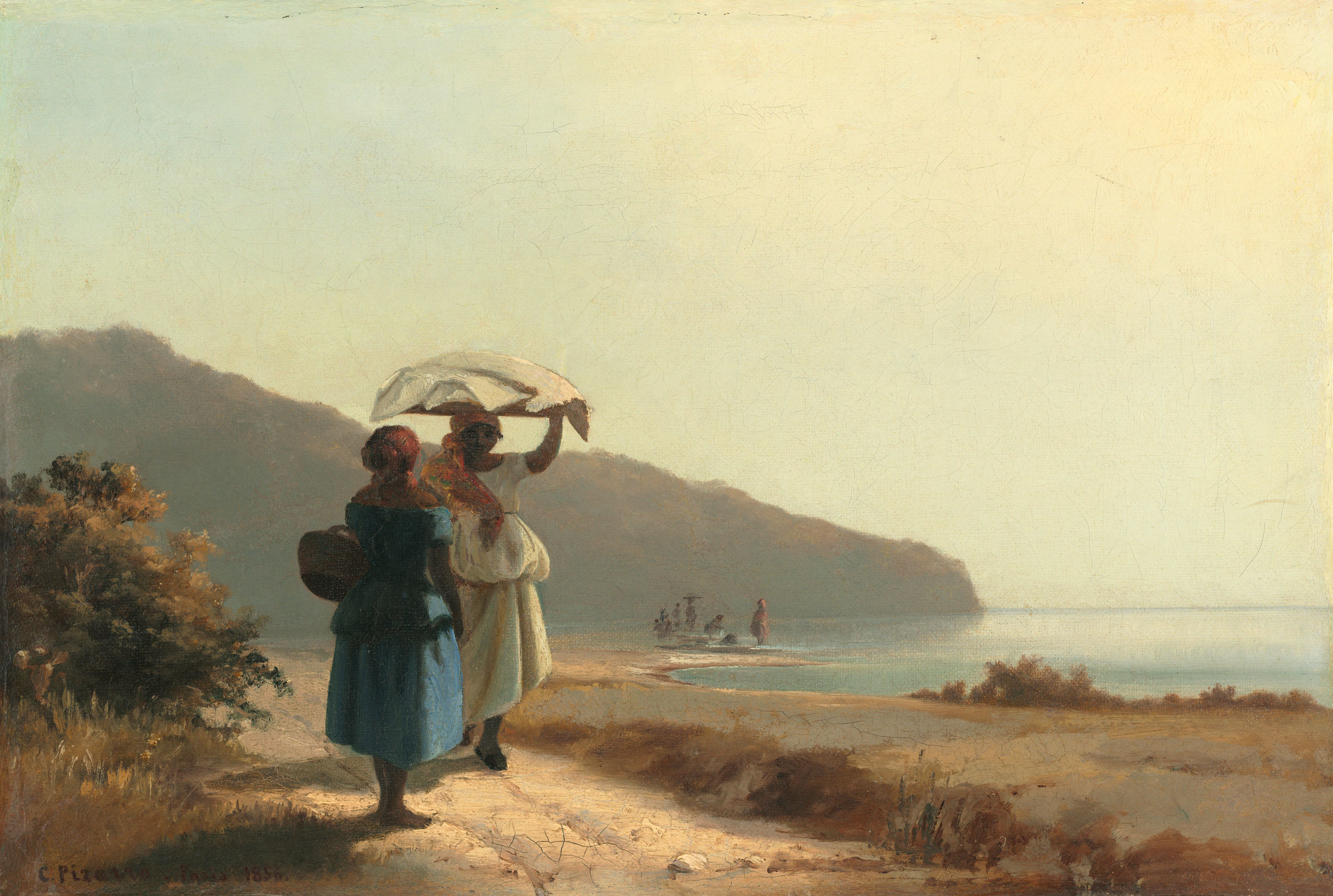 Camille Pissarro - Zwei Frauen am Meer ins Gespräch vertieft, St. Thomas, 1856, Schattenfugenrahmen Natur