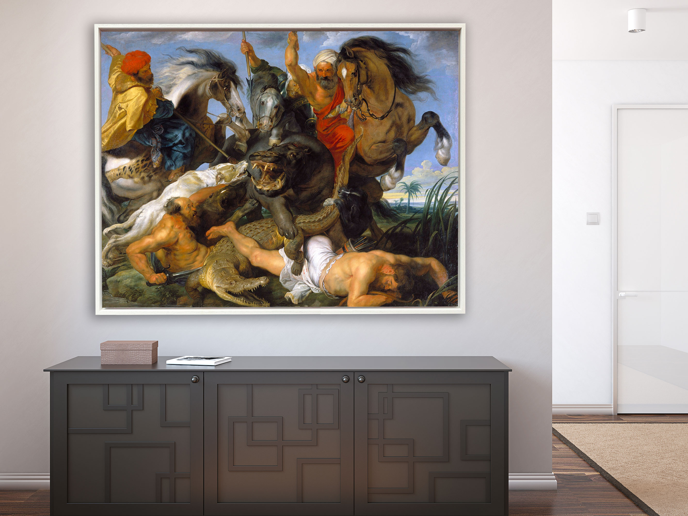 Peter Paul Rubens – Nilpferd und Krokodiljagd, Schattenfugenrahmen weiß