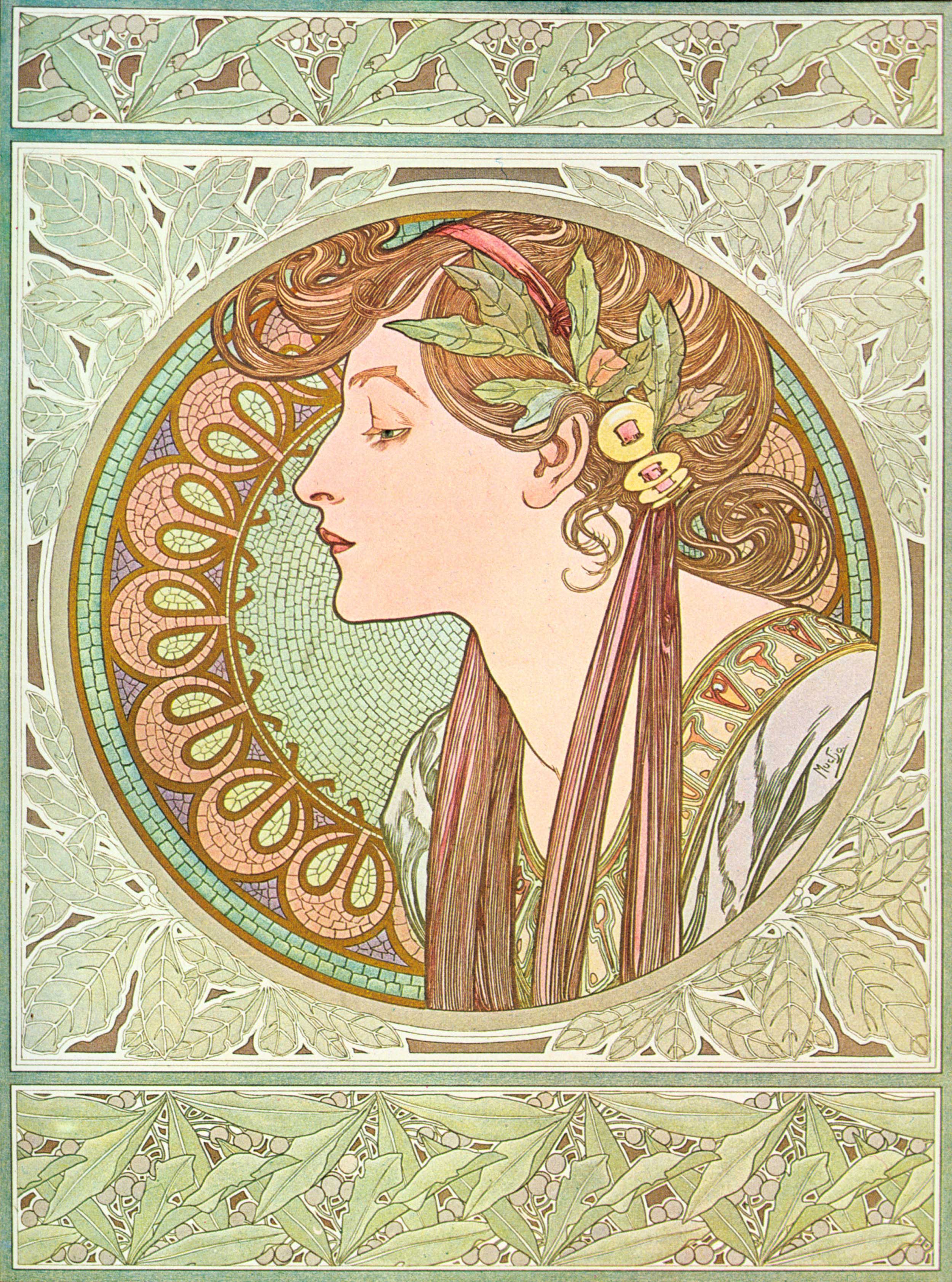 Alfons Mucha - Laurel, 1901, Bilderrahmen grau