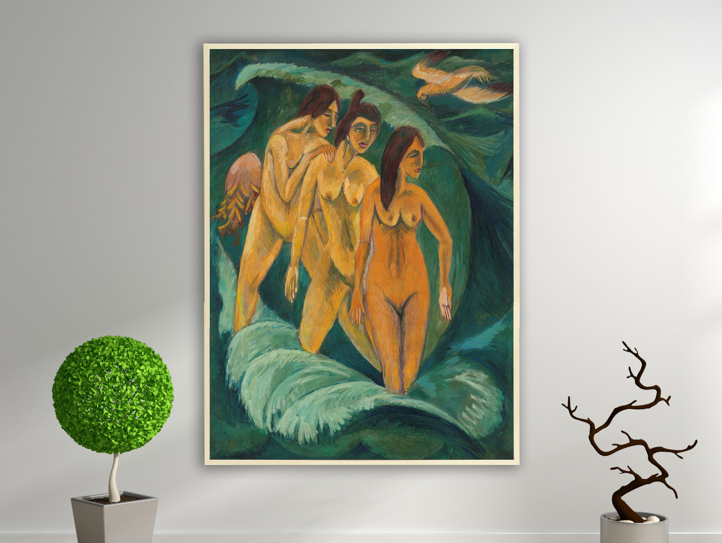 Ernst Ludwig Kirchner - Drei Badende, 1913, Bilderrahmen Ahorn Ernst Ludwig Kirchner - Drei Badende, 1913, Bilderrahmen Ahorn