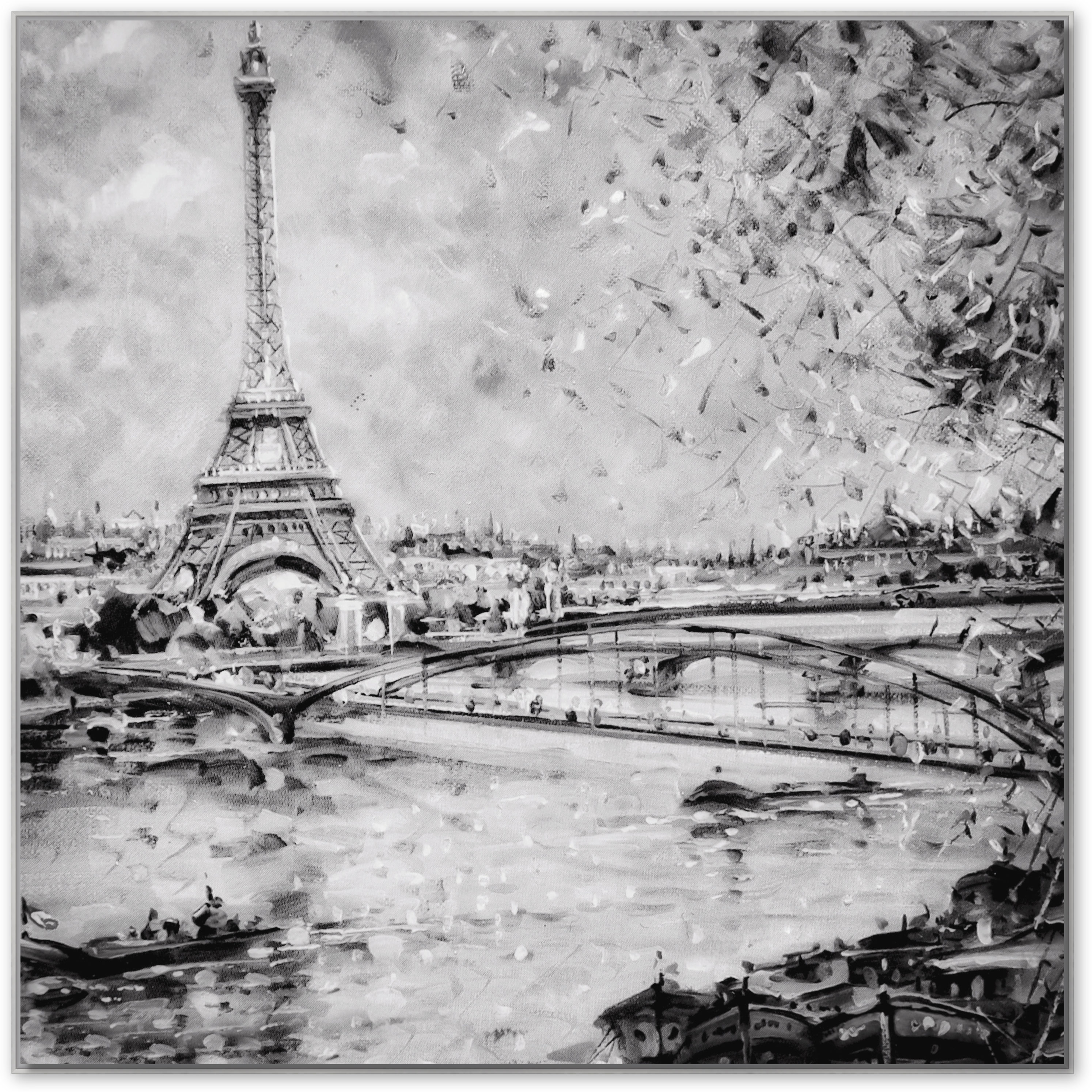 Eiffelturm gemalt schwarz-weiß, Schattenfugenrahmen weiß