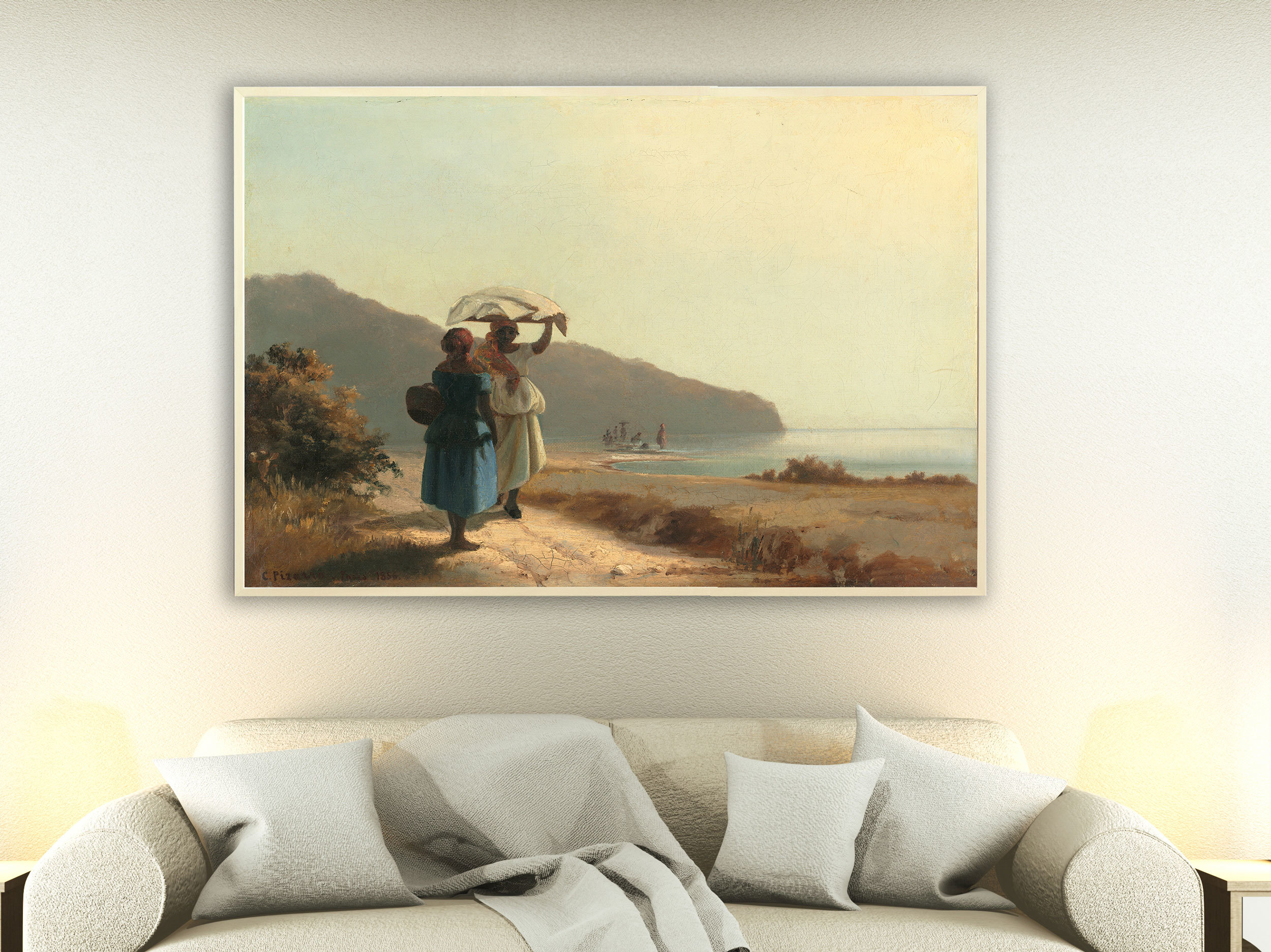 Camille Pissarro - Zwei Frauen am Meer ins Gespräch vertieft, St. Thomas, 1856, Bilderrahmen Ahorn