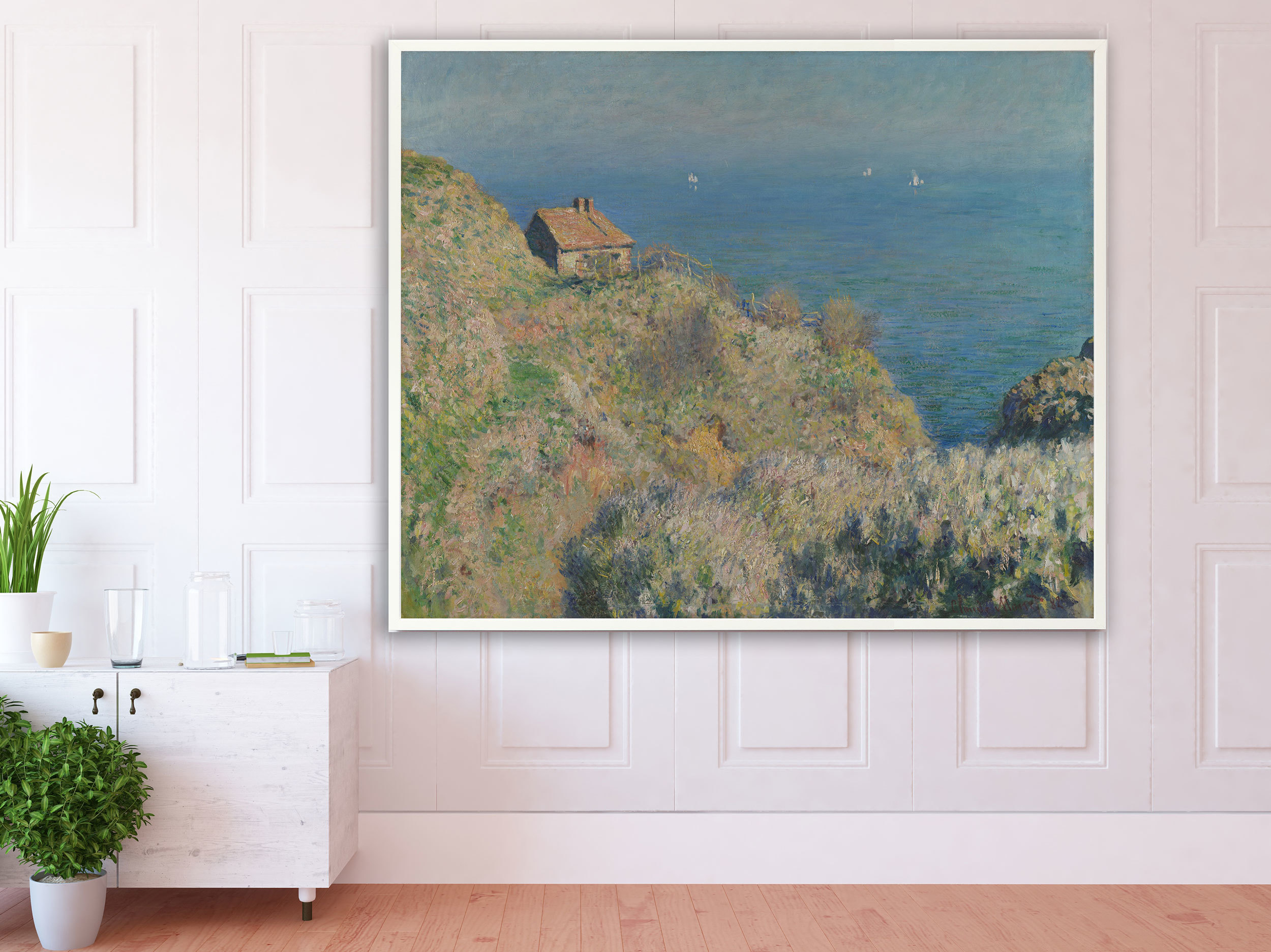 Claude Monet, Haus am Meer, Bilderrahmen weiß