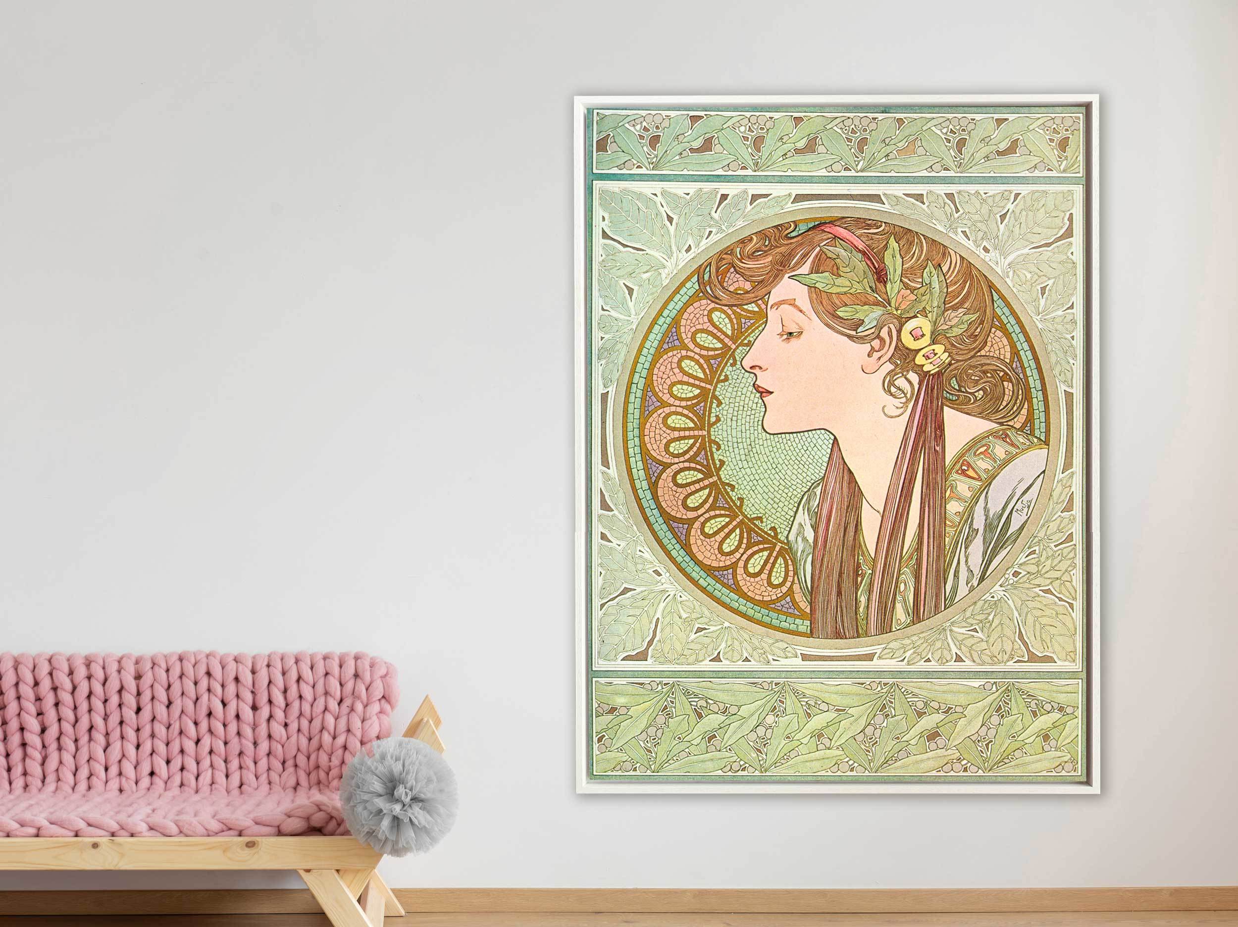 Alfons Mucha - Laurel, 1901, Schattenfugenrahmen weiß Alfons Mucha - Laurel, 1901, Schattenfugenrahmen weiß