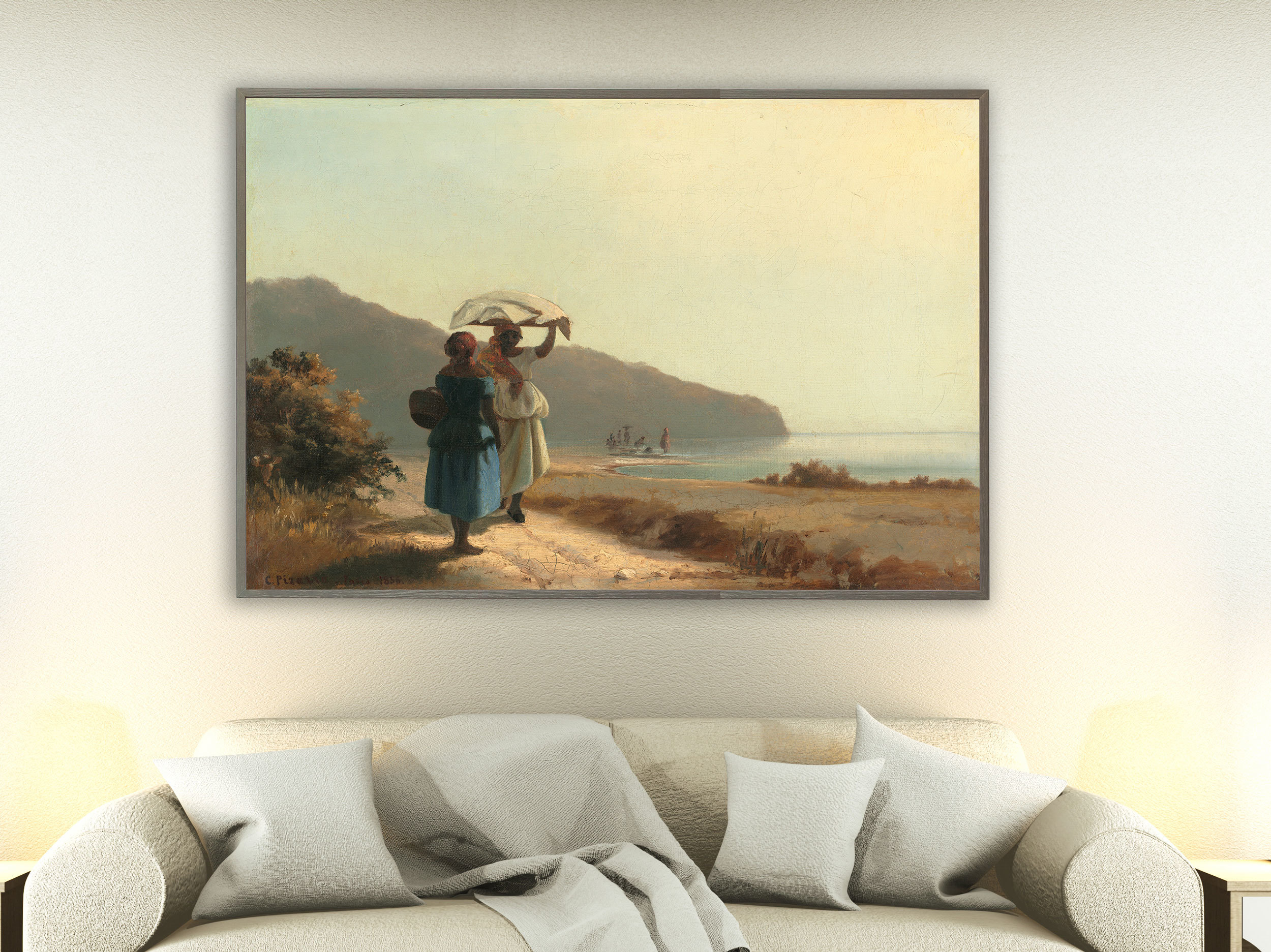 Camille Pissarro - Zwei Frauen am Meer ins Gespräch vertieft, St. Thomas, 1856, Bilderrahmen grau