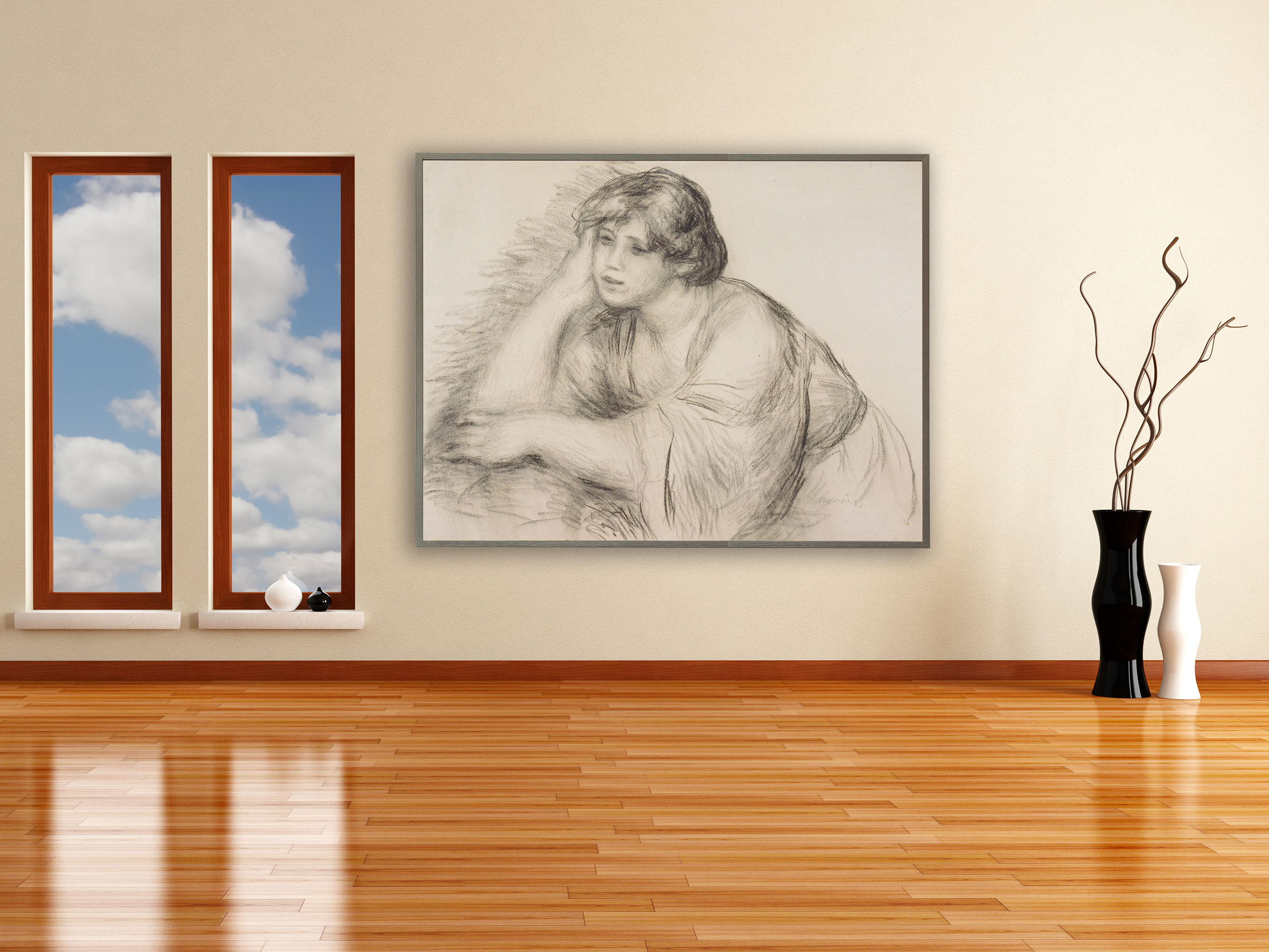 Auguste Renoir - Sitzendes Mädchen, Bilderrahmen grau