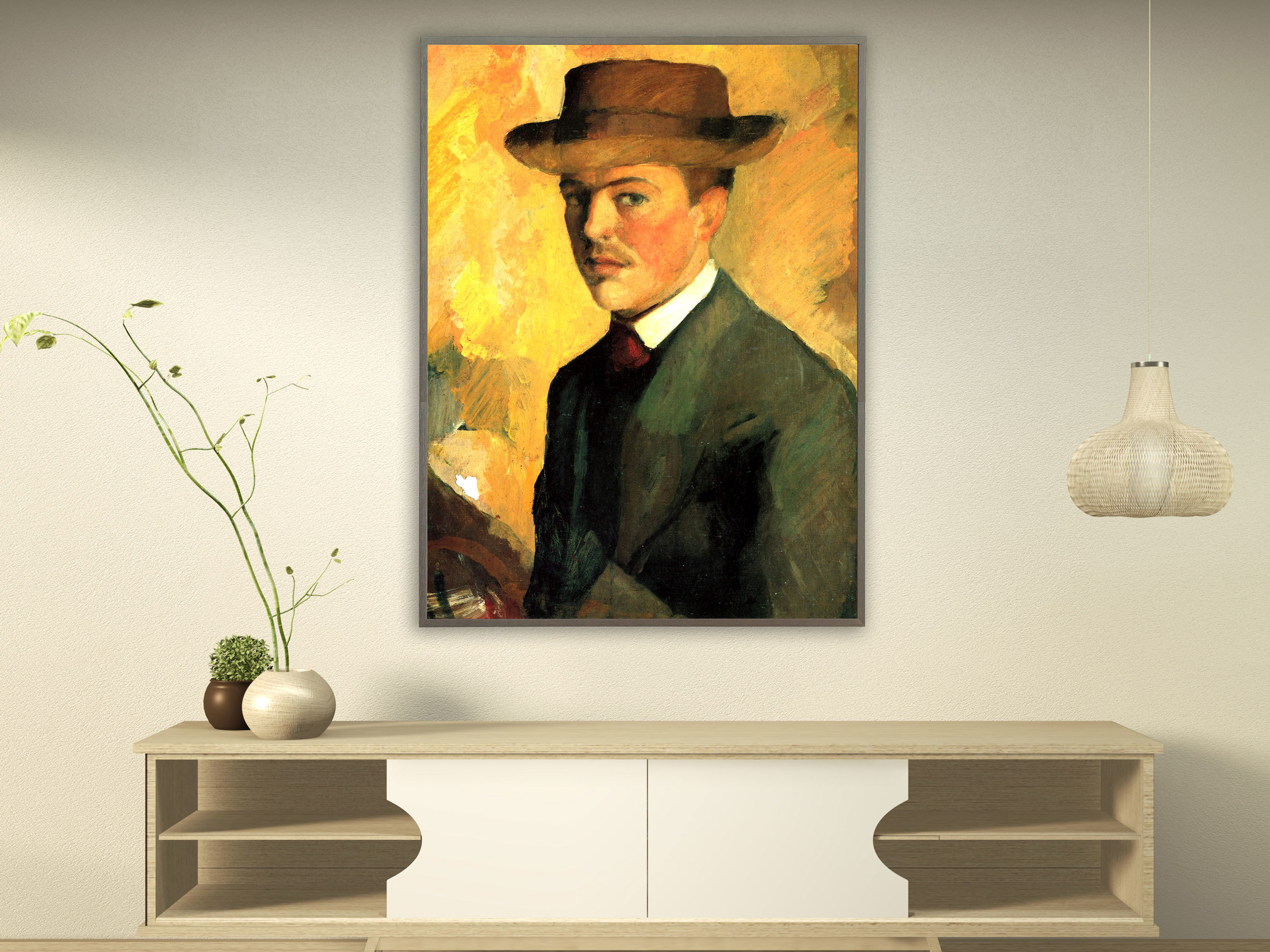 August Macke - Selbstportrait mit Hut, 1909, Bilderrahmen grau