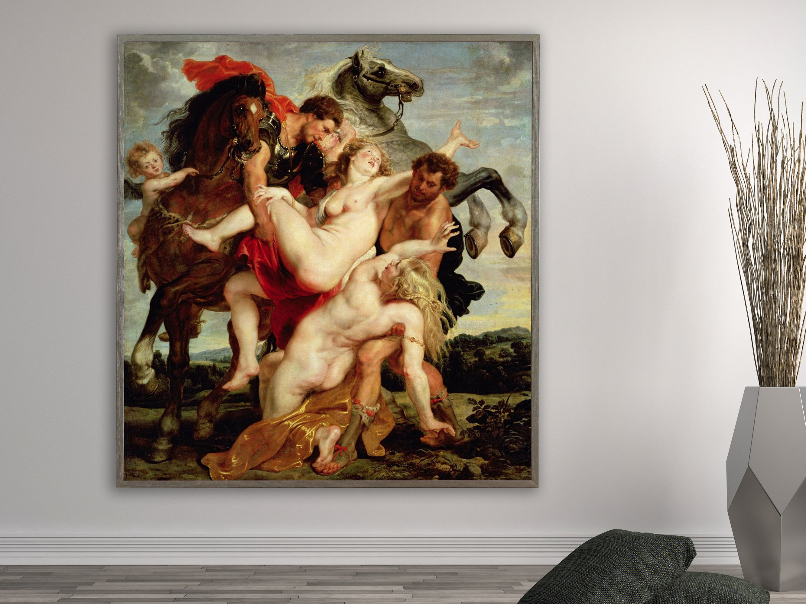 Peter Paul Rubens - Der Raub der Töchter des Leuccipus, Bilderrahmen grau