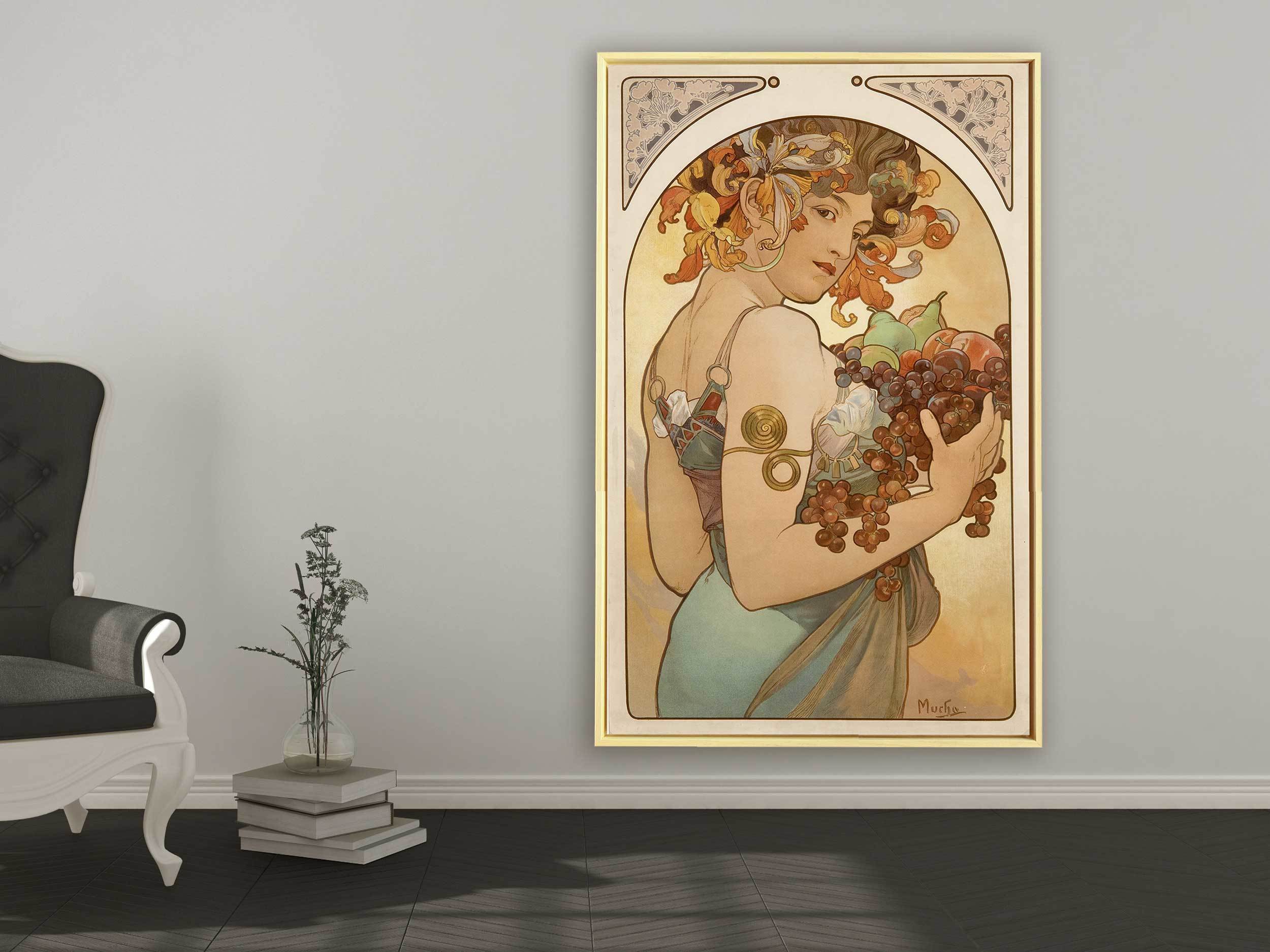 Alfons Mucha - Früchte, 1897, Schattenfugenrahmen Natur Alfons Mucha - Früchte, 1897, Schattenfugenrahmen Natur