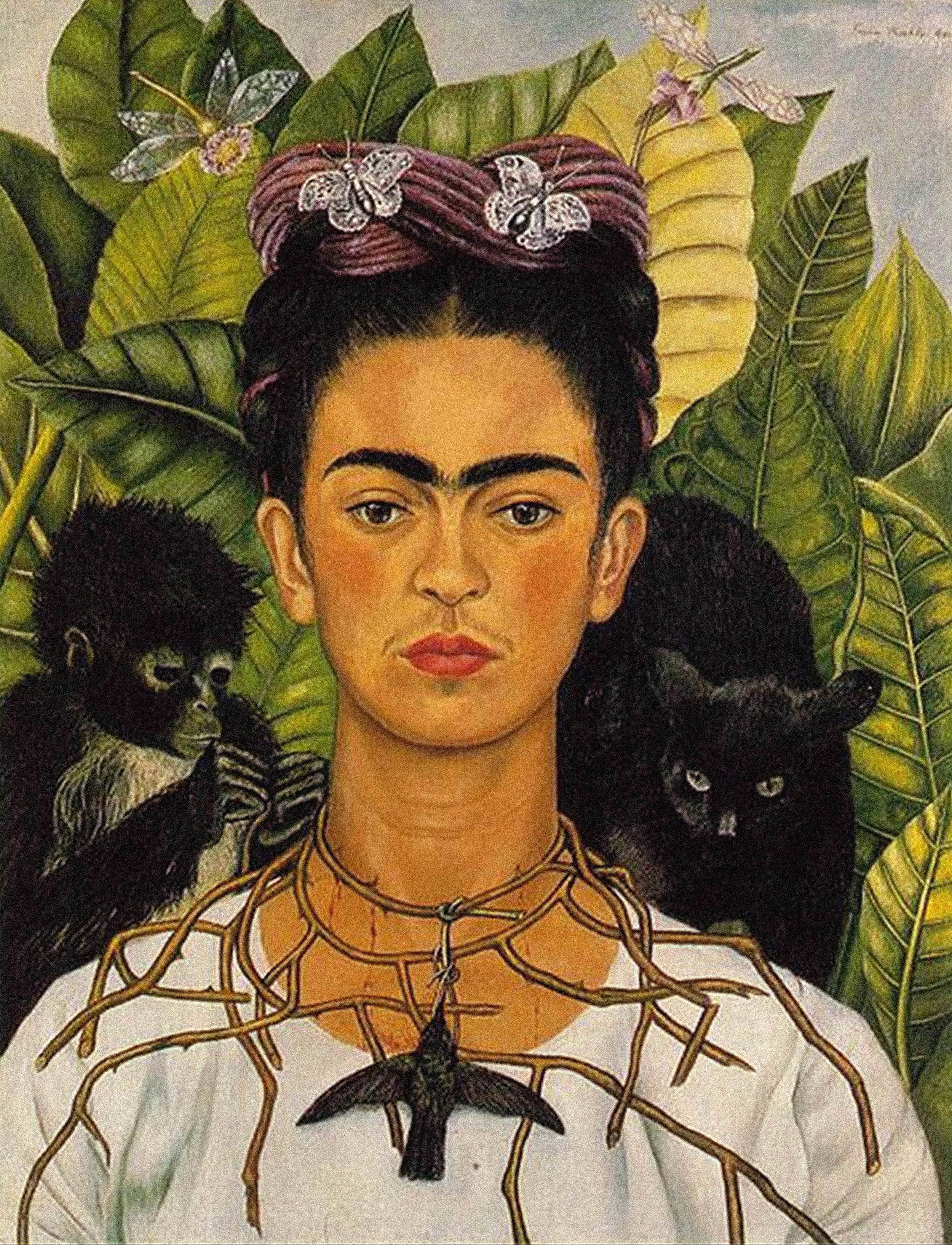 Frida Kahlo -  Self-portrait with Thorn Necklace and Hummingbird, 1940, Bilderrahmen ahorn