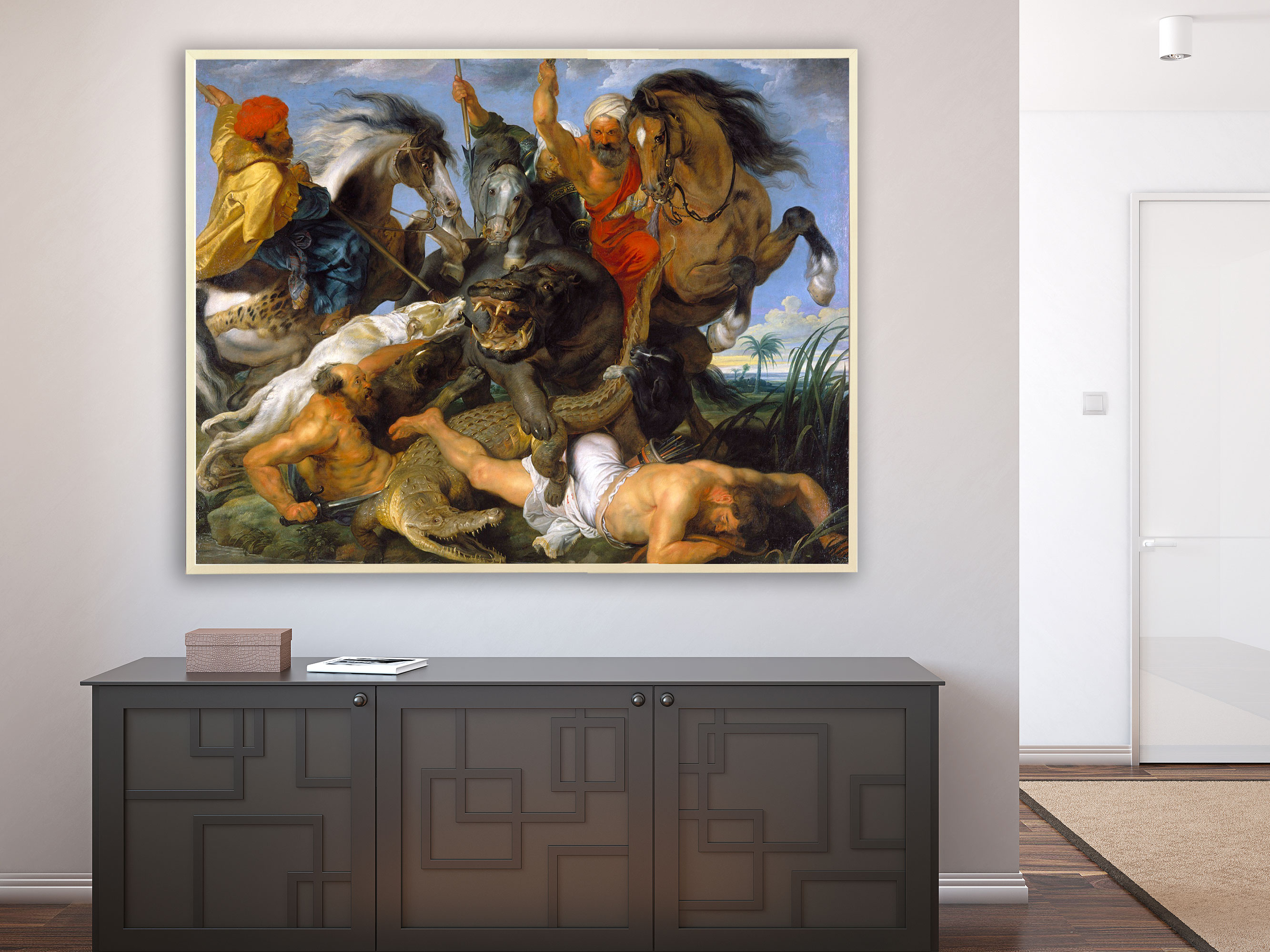 Peter Paul Rubens – Nilpferd und Krokodiljagd, Bilderrahmen Ahorn Kopie