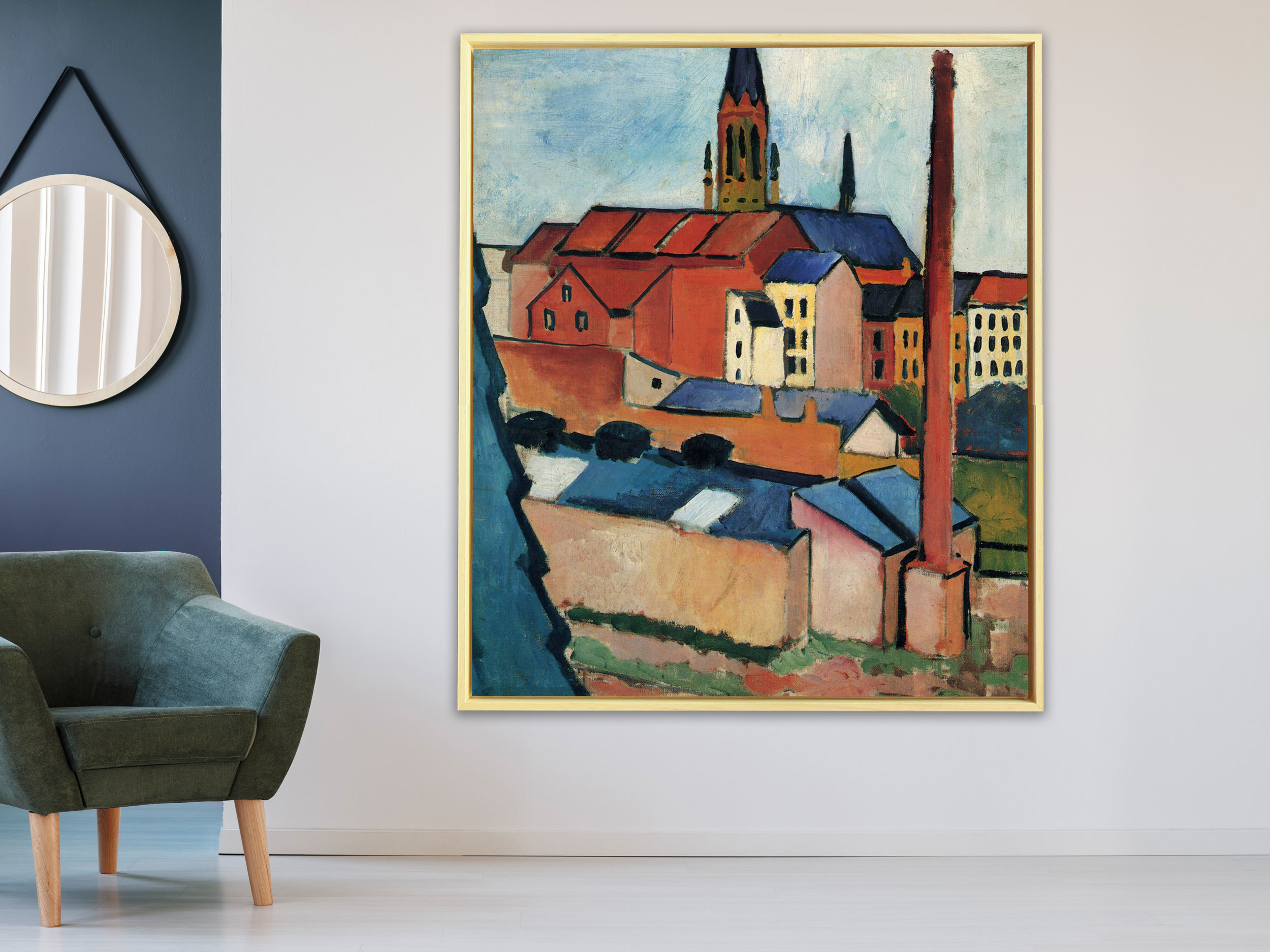 August Macke - Marienkirche in Bonn mit Häusern und Schornstein, 1911, Rahmen Schattenfuge Natur August Macke - Marienkirche in Bonn mit Häusern und Schornstein, 1911, Rahmen Schattenfuge Natur