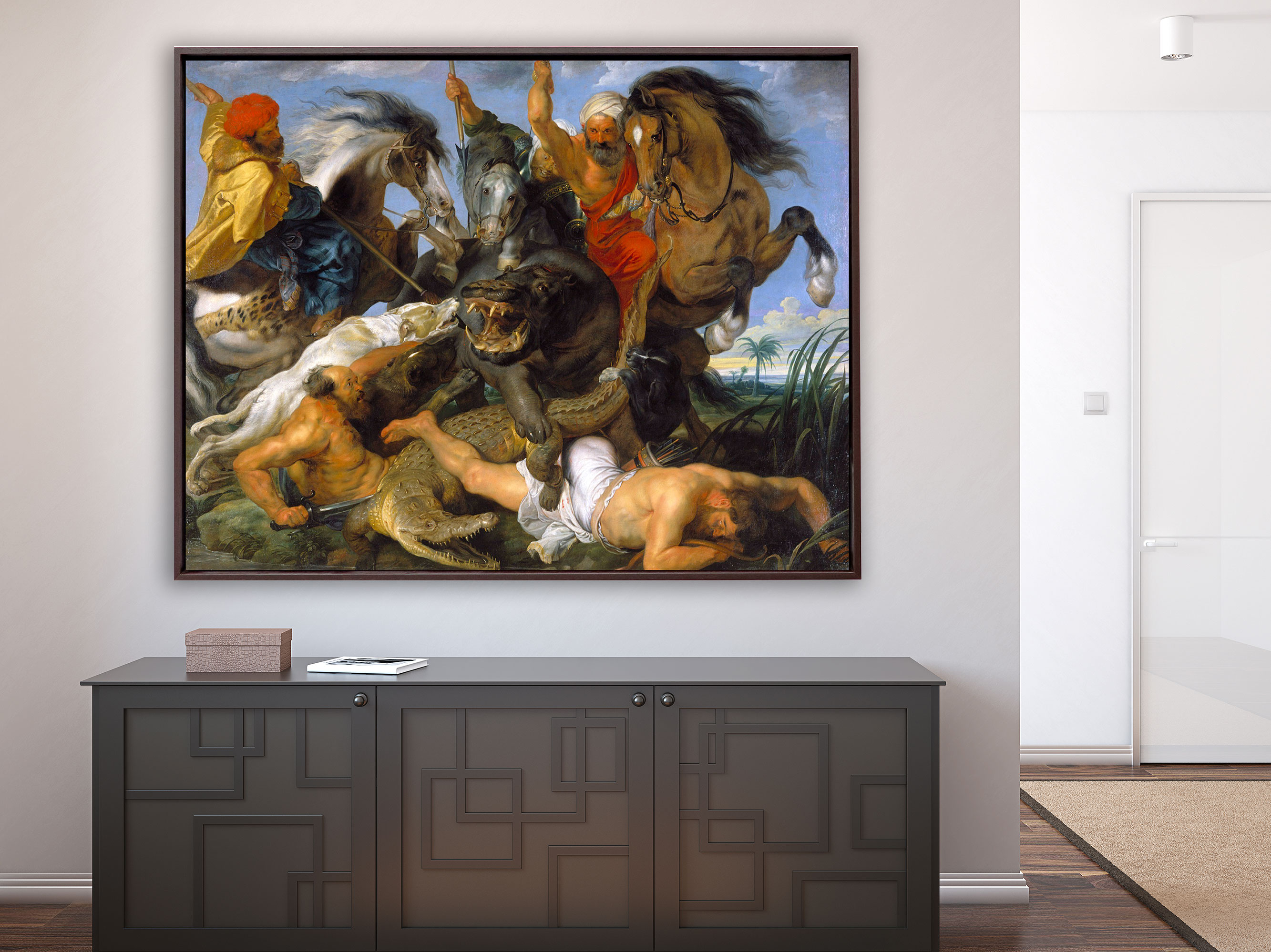 Peter Paul Rubens – Nilpferd und Krokodiljagd, Schattenfugenrahmen braun