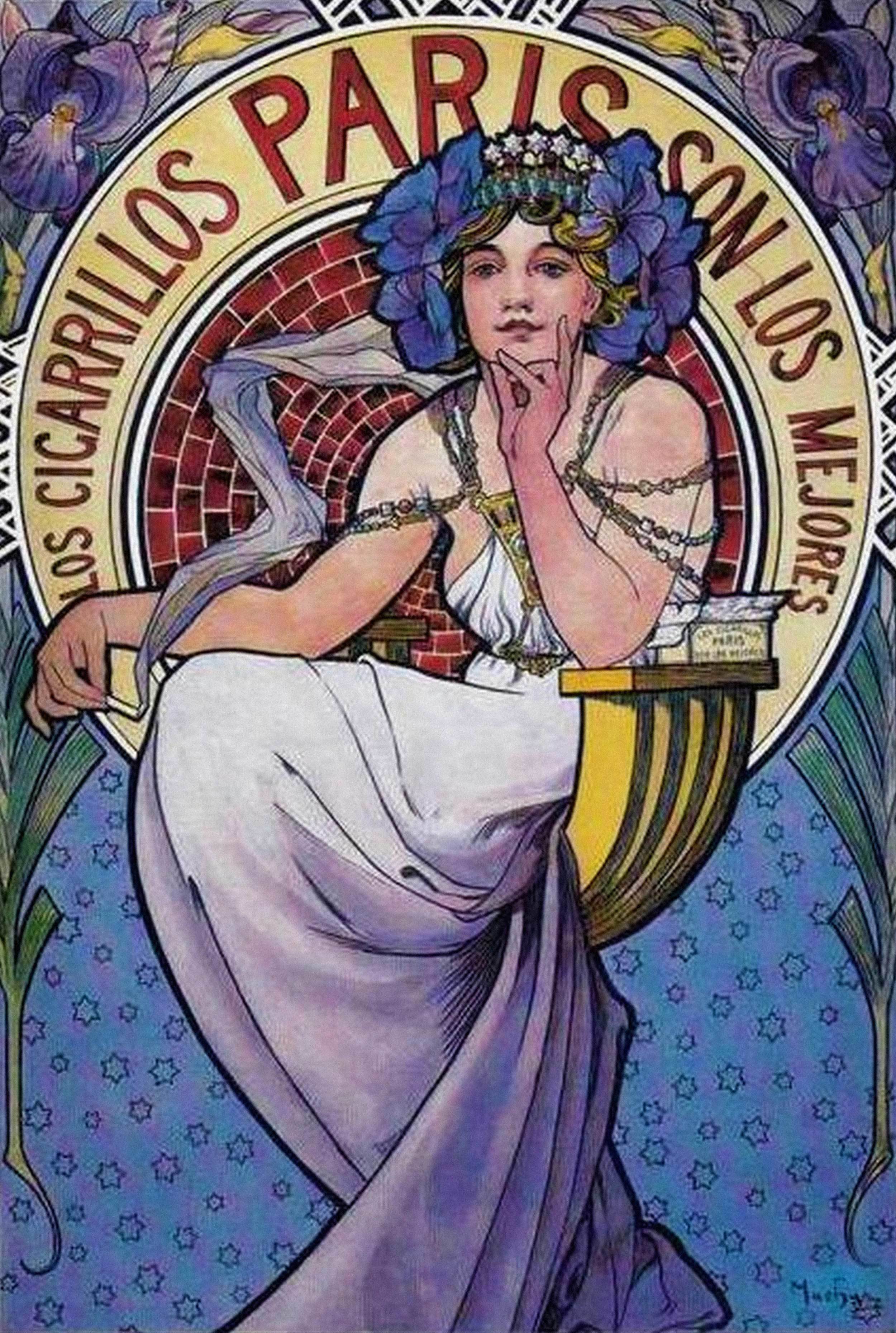 Alfons Mucha - Cigares Paris, 1898, Bilderrahmen grau