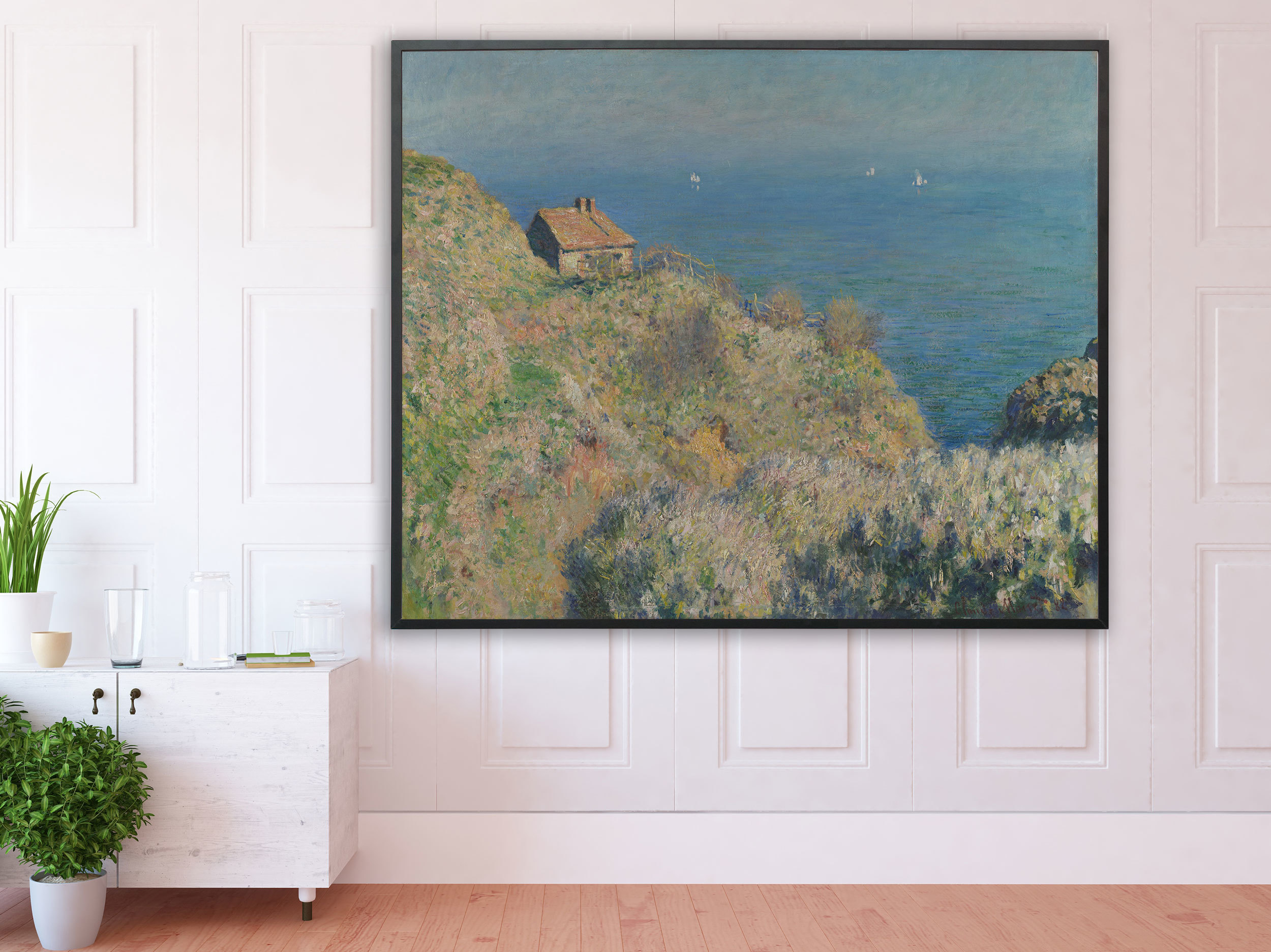 Claude Monet, Haus am Meer, Bilderrahmen schwarz