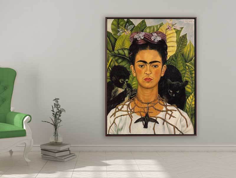 Frida Kahlo -  Self-portrait with Thorn Necklace and Hummingbird, 1940, Rahmen Schattenfuge braun