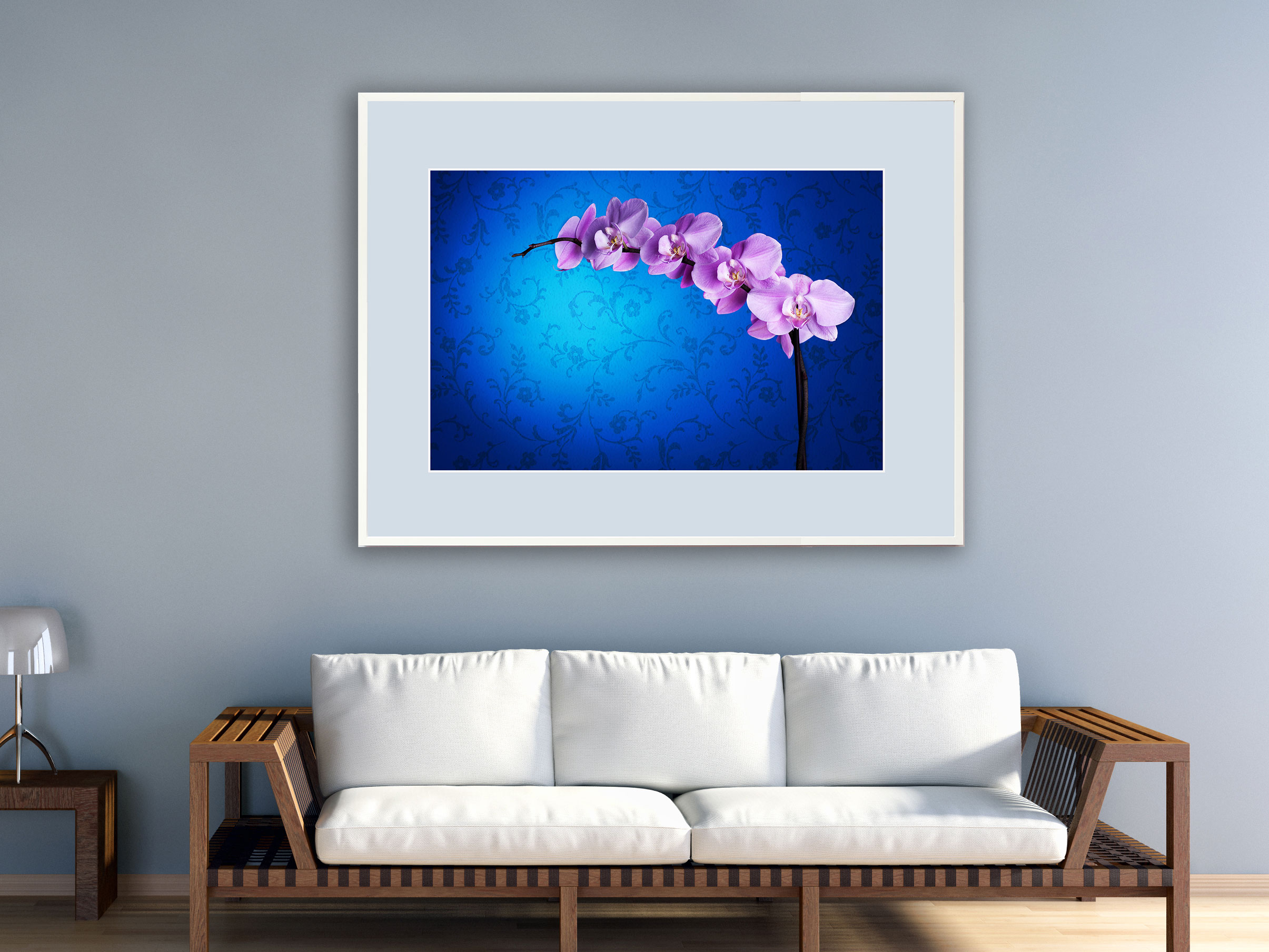 Orchideenblüte vor blauer Wand Orchideenblüte vor blauer Wand