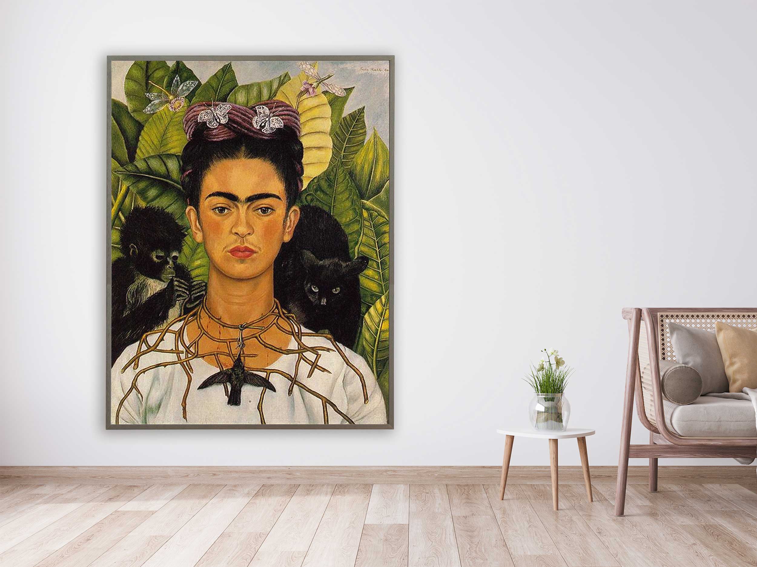 Frida Kahlo -  Self-portrait with Thorn Necklace and Hummingbird, 1940, Bilderrahmen grau