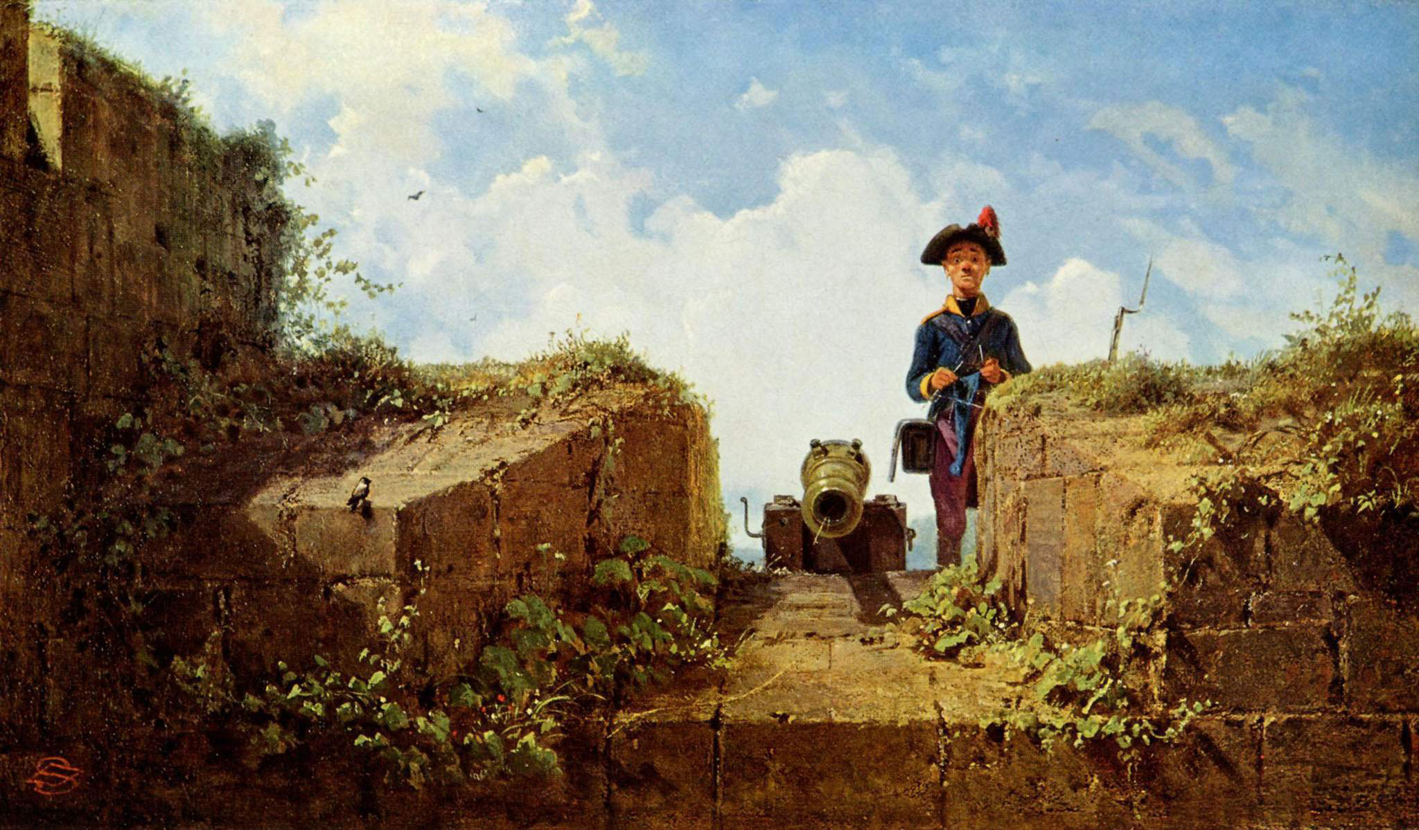 Carl Spitzweg - Der strickende Vorposten, 1860, Bilderrahmen weiß