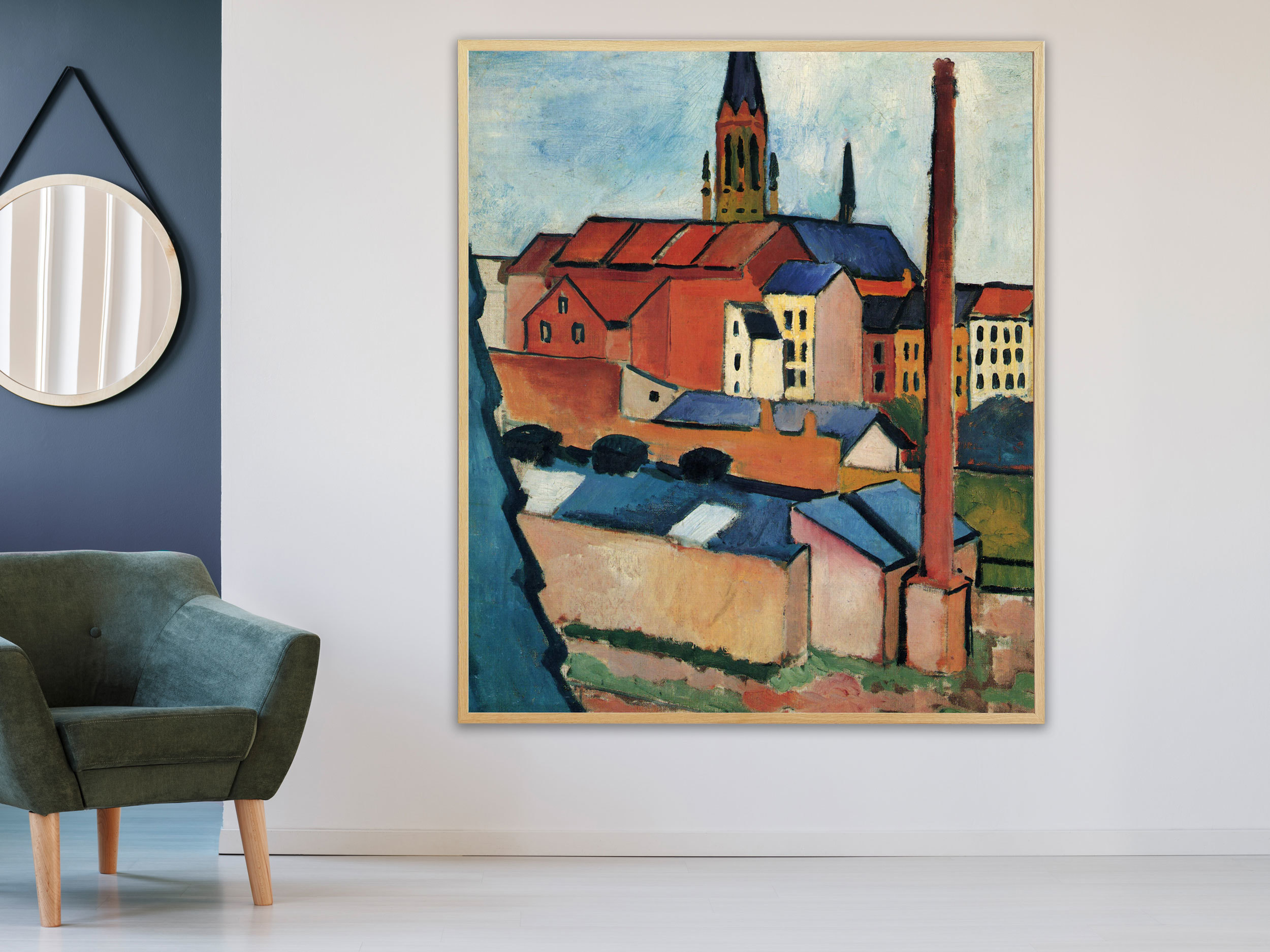 August Macke - Marienkirche in Bonn mit Häusern und Schornstein, 1911, Bilderrahmen Eiche August Macke - Marienkirche in Bonn mit Häusern und Schornstein, 1911, Bilderrahmen Eiche