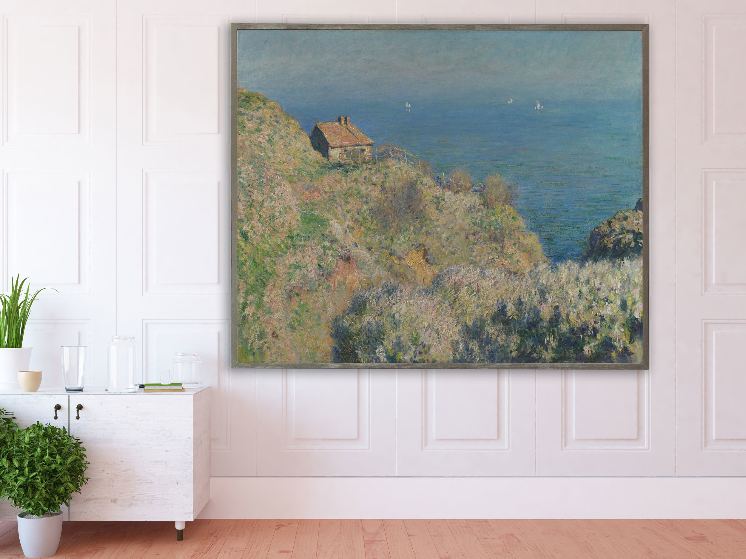 Claude Monet, Haus am Meer, Bilderrahmen grau