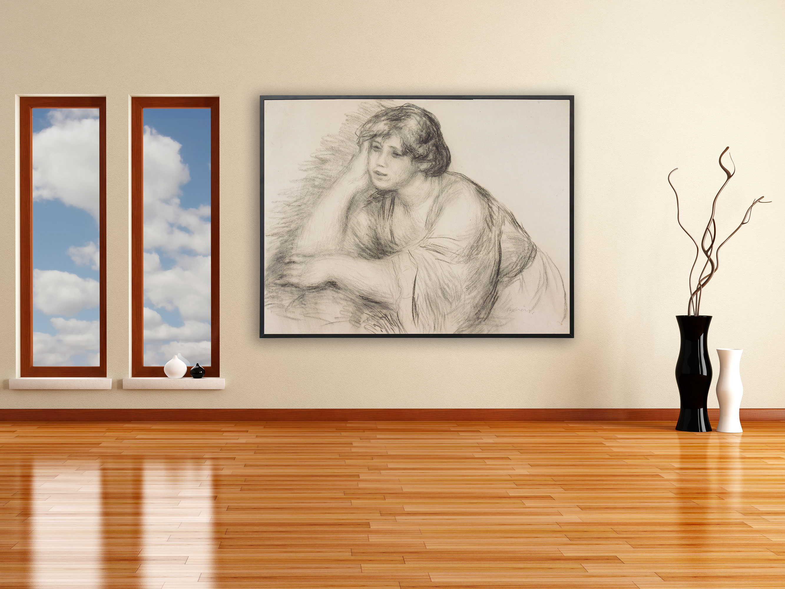 Auguste Renoir - Sitzendes Mädchen, Bilderrahmen schwarz