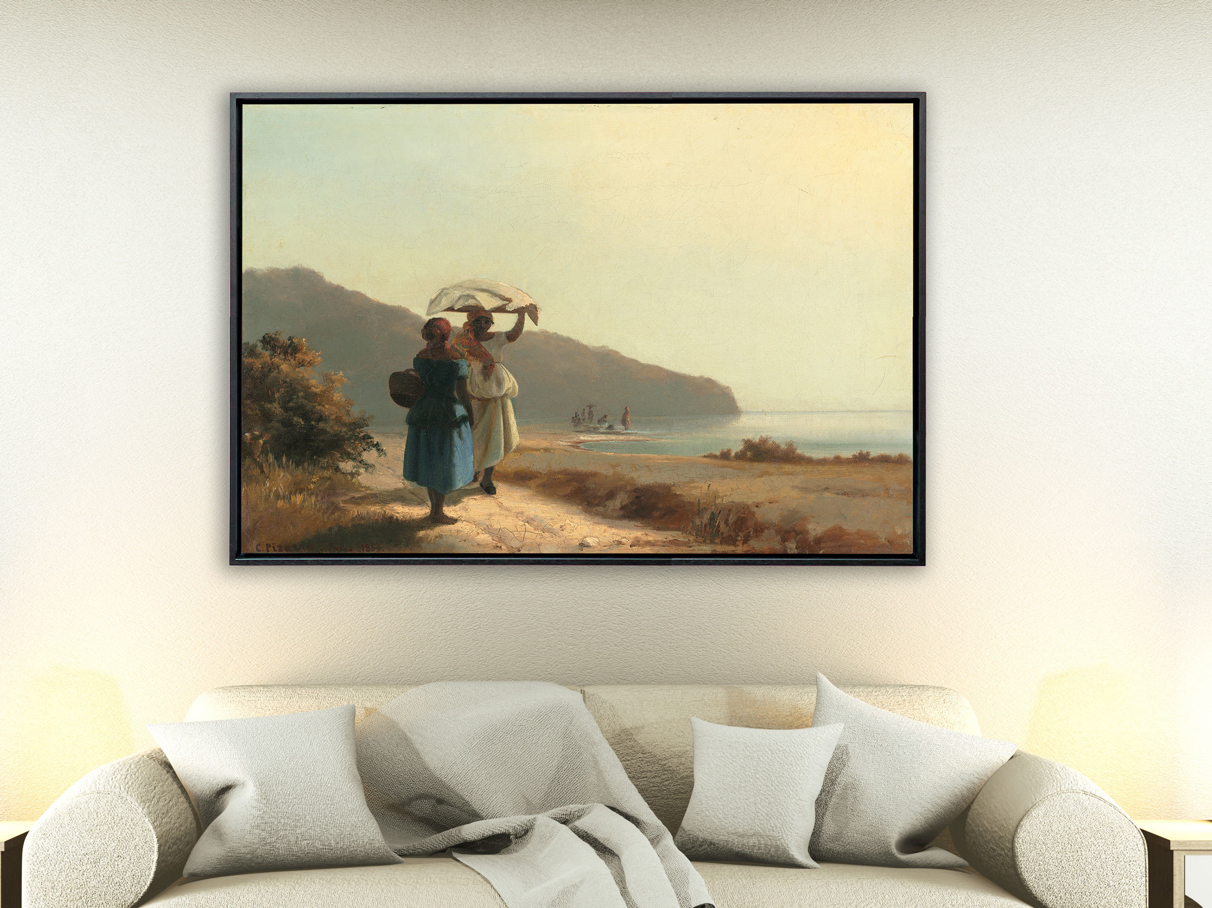 Camille Pissarro - Zwei Frauen am Meer ins Gespräch vertieft, St. Thomas, 1856, Schattenfugenrahmen schwarz