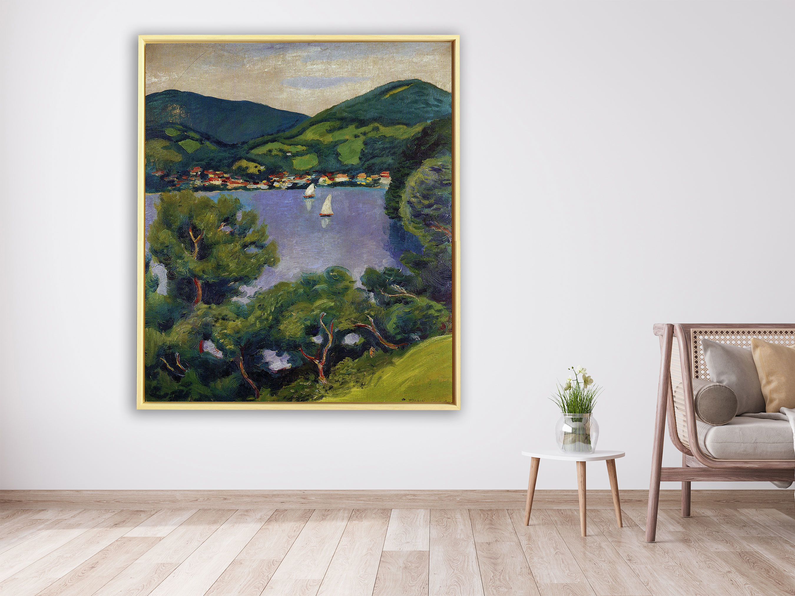 August Macke - Ansicht vom Tegernsee 1910, Rahmen Schattenfuge Natur August Macke - Ansicht vom Tegernsee 1910, Rahmen Schattenfuge Natur