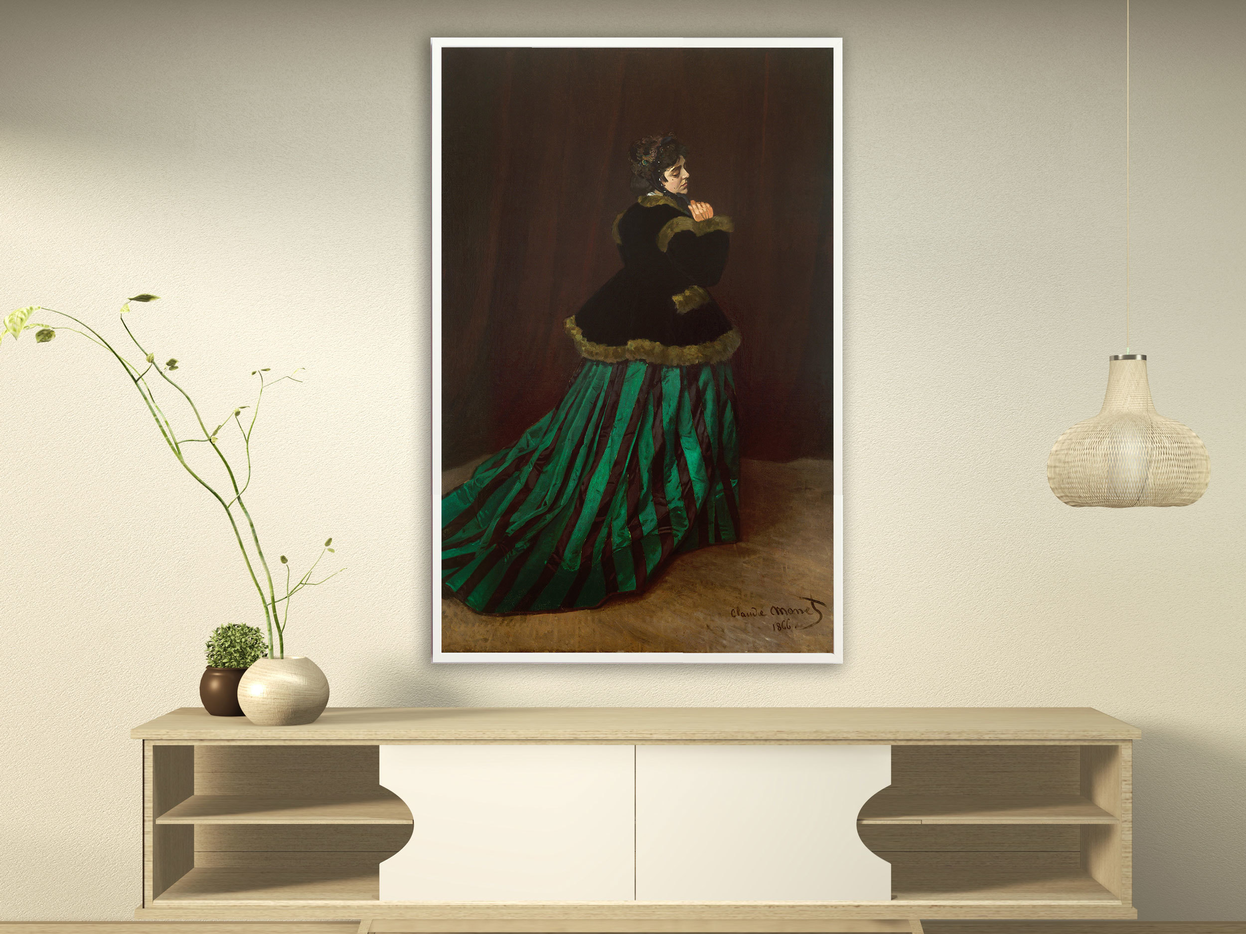 Claude Monet - Camille im grünen Kleid, 1866, Bilderrahmen weiß