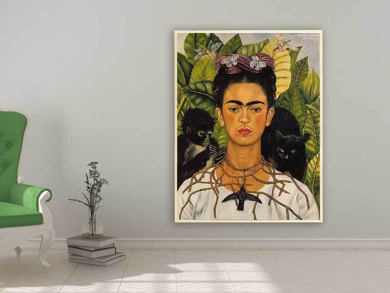 Frida Kahlo -  Self-portrait with Thorn Necklace and Hummingbird, 1940, Bilderrahmen ahorn